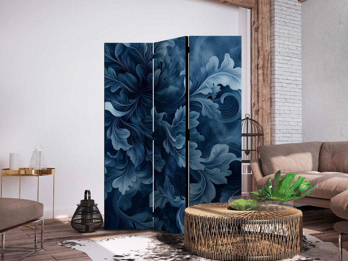 PARAVENT Beidseitig Bedruckter 3-tlg 135x172 cm Blaue Bl tter Ornamente - Blau, Holz/Textil (135/172/3cm) - Muralo