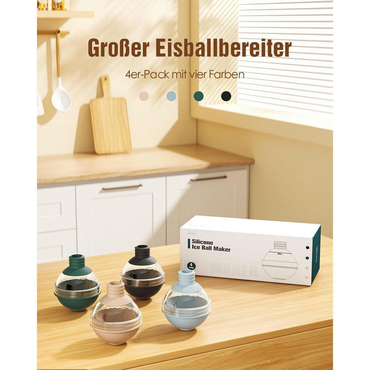 EISWÜRFELFORM 4er Set 6 cm Kugel mit Trichterdeckel - Multicolor, Kunststoff (7/8.5/7cm)