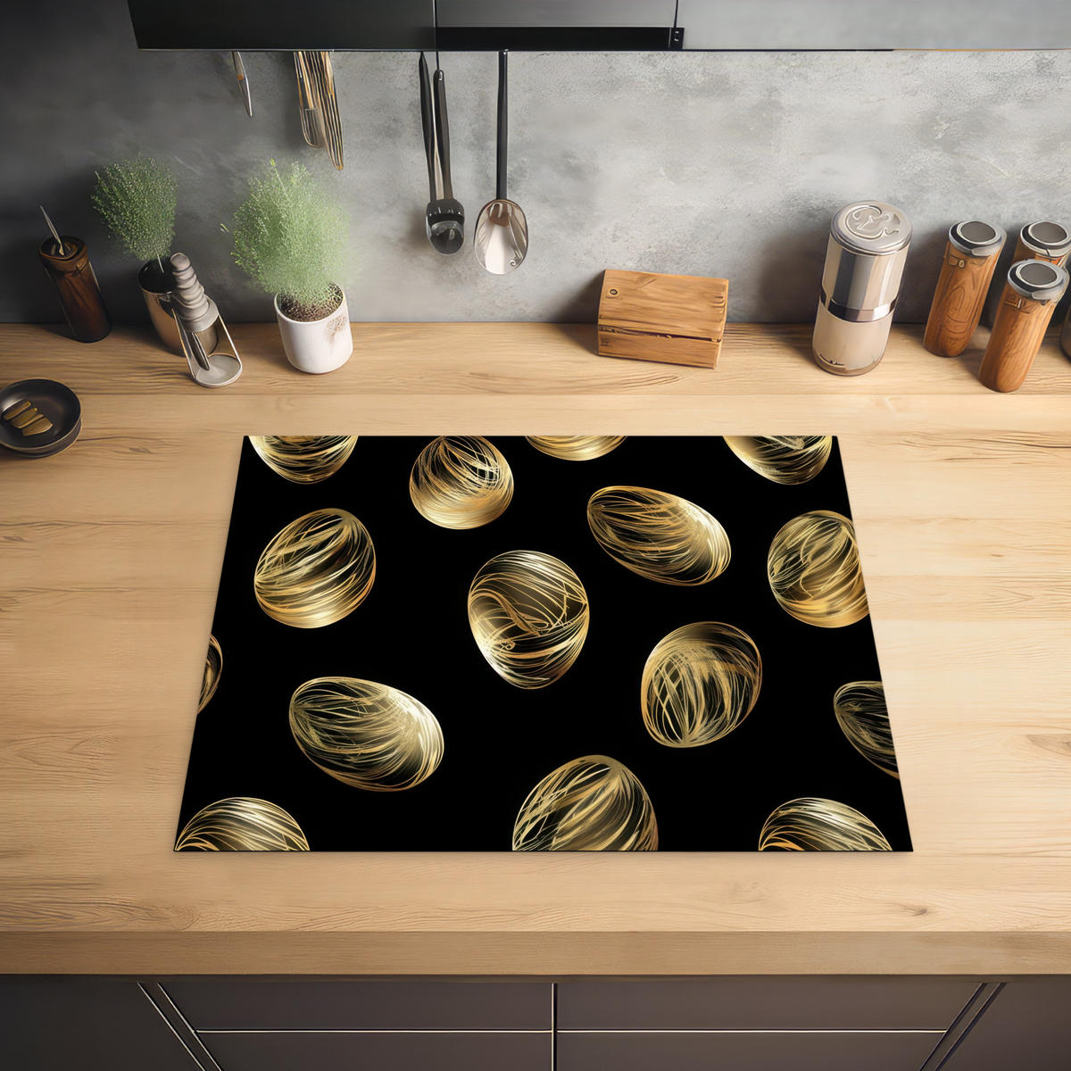 HERDABDECKPLATTE Eier - Gold - Muster Herdabdeckung Induktionsfeld 65x52 cm - Schwarz, Kunststoff (65/52/0.2cm) - MuchoWow