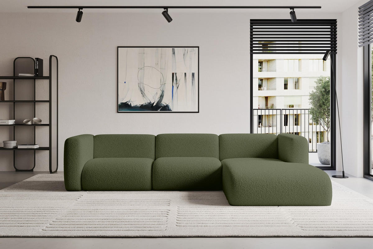 ECKSOFA Ottomane Rechts MIRA-L2 318x179x89 Grün Bouclé - Schwarz/Olivgrün, Holzwerkstoff/Kunststoff (318/179cm) - ALTDECOR