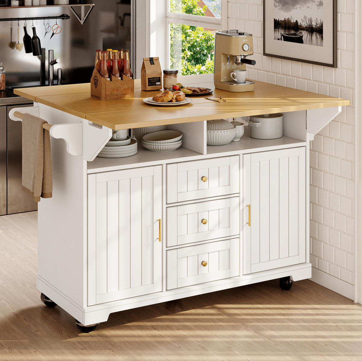 KÜCHENINSEL 120x80x95cm weiß/Holzoptik mit Klapptisch & 5 Rollen - Weiß, Holzwerkstoff (120/95/80cm) - Modfu
