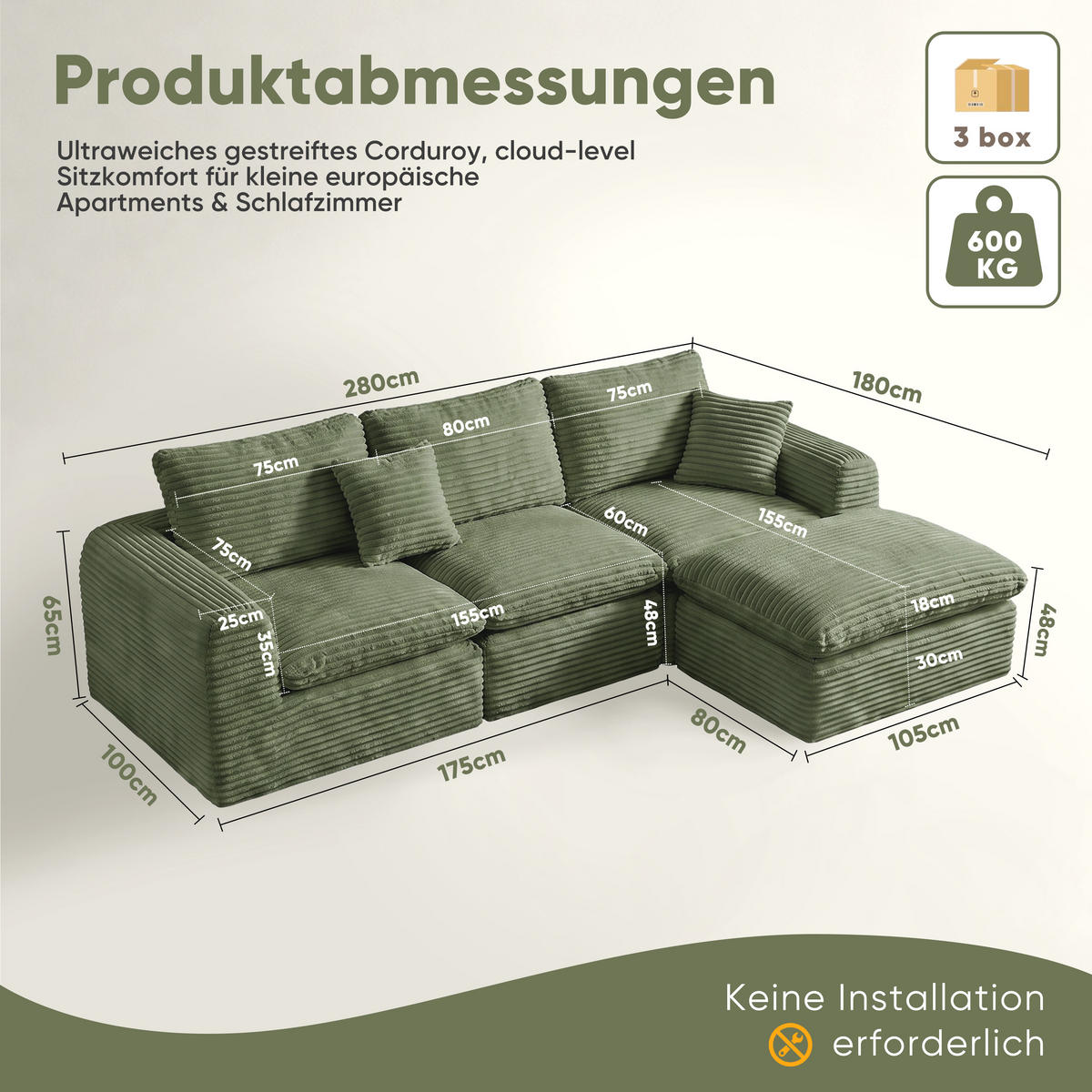 ECKSOFA 280/180/65 cm Grün Cord mit 1 Fußhocker - Grün, Textil (180/280cm) - Oxeza