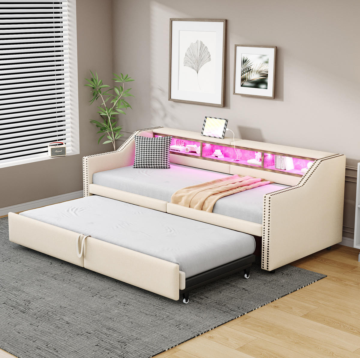 ČALÚNENÁ posteľ 90/180 x 200 cm s výsuvným lôžkom, úložnými priehradkami, LED osvetlením a USB portom, Béžová - béžová, textil (90/200cm) - Redom
