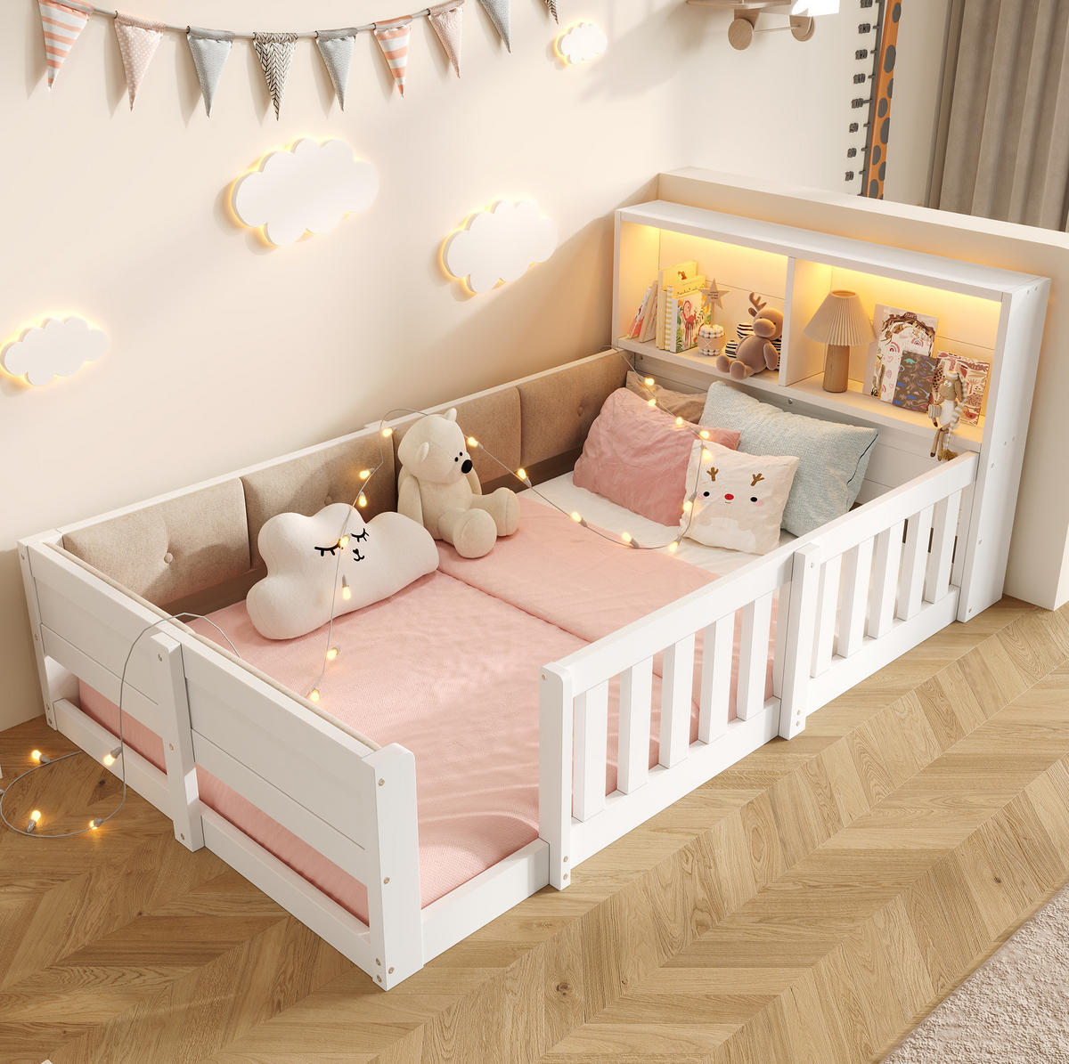 KINDERBETT Holzwerkstoff 90x200 cm Weiß/Natur mit Gitter, LED und Stauraum - Weiß, Holzwerkstoff (90/200cm) - Modfu