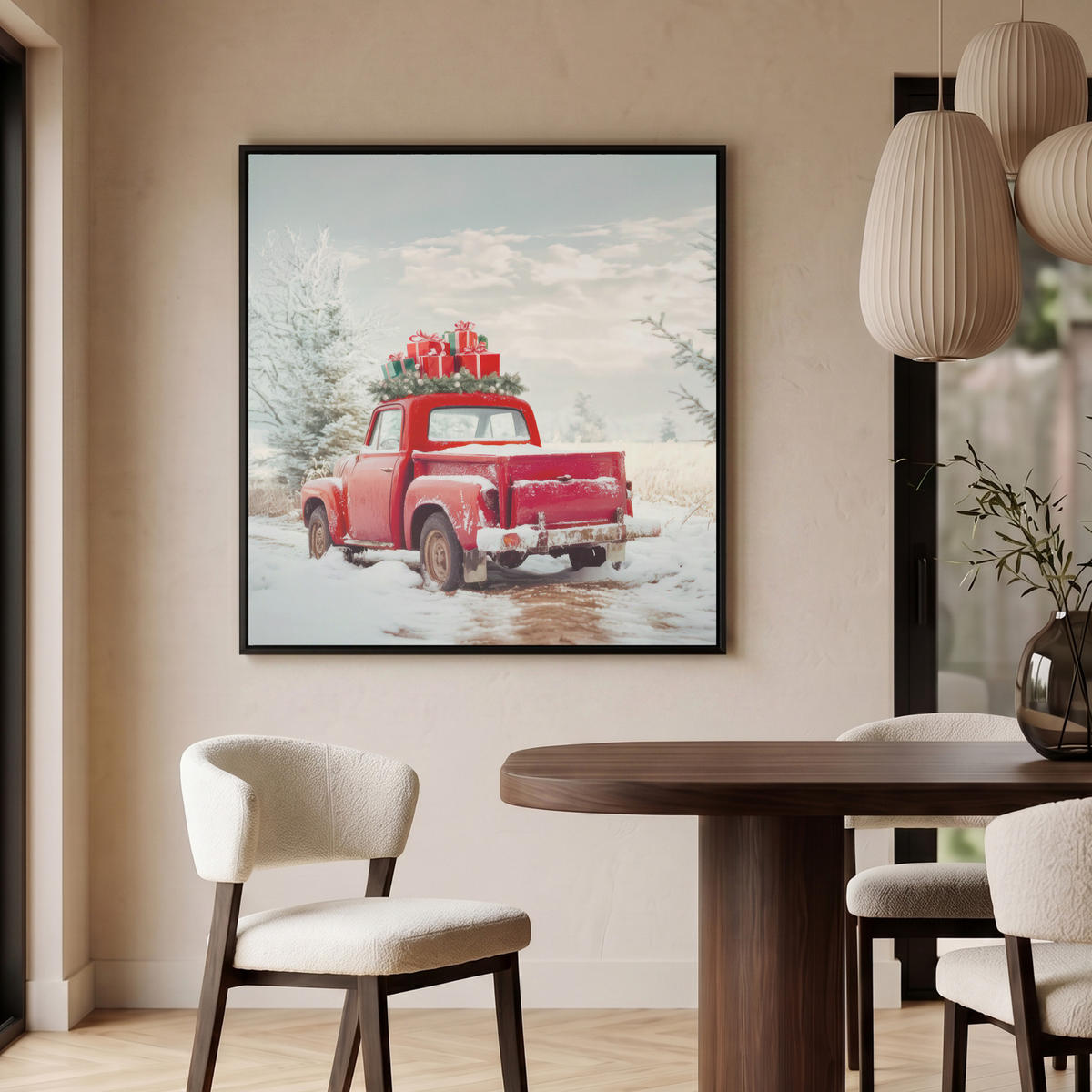 LEINWAND Bilder mit Rahmen - Auto - Rot - Geschenke - Winter - Schnee - Weihnachten - 90x90 - Rot, Textil (90/90cm) - MuchoWow