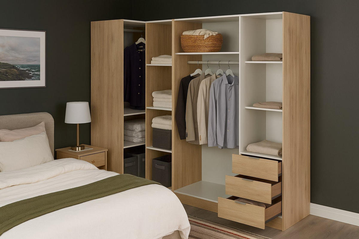 ECKKLEIDERSCHRANK Holz-Effekt Eiche 90.5x213.5h184 - Braun, Holzwerkstoff (213.5/184/90.5cm) - DMORA