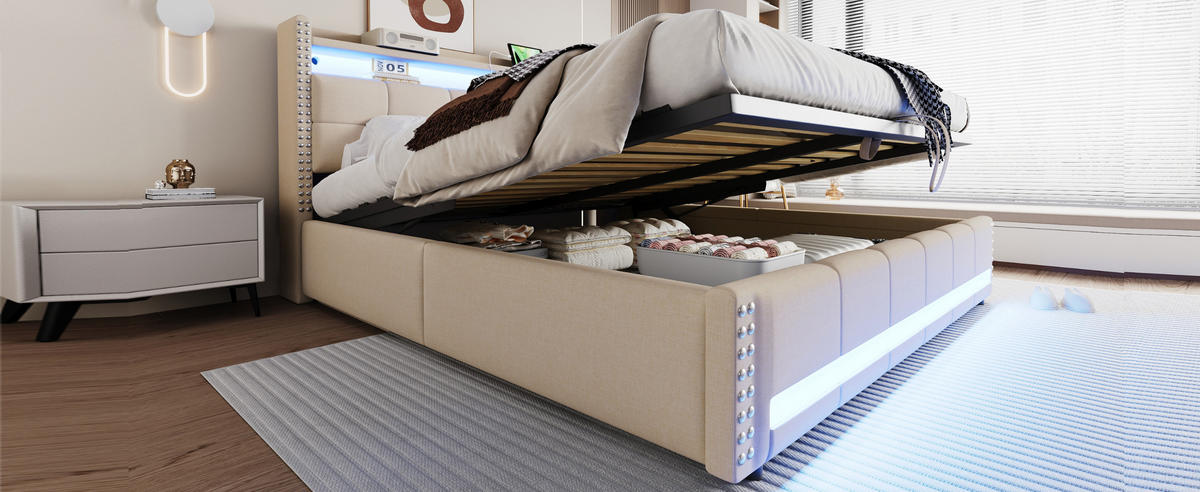 POLSTERBETT 180x200 cm LED USB Stauraum beige - Beige, Textil (180/200cm) - Fortuna Lai