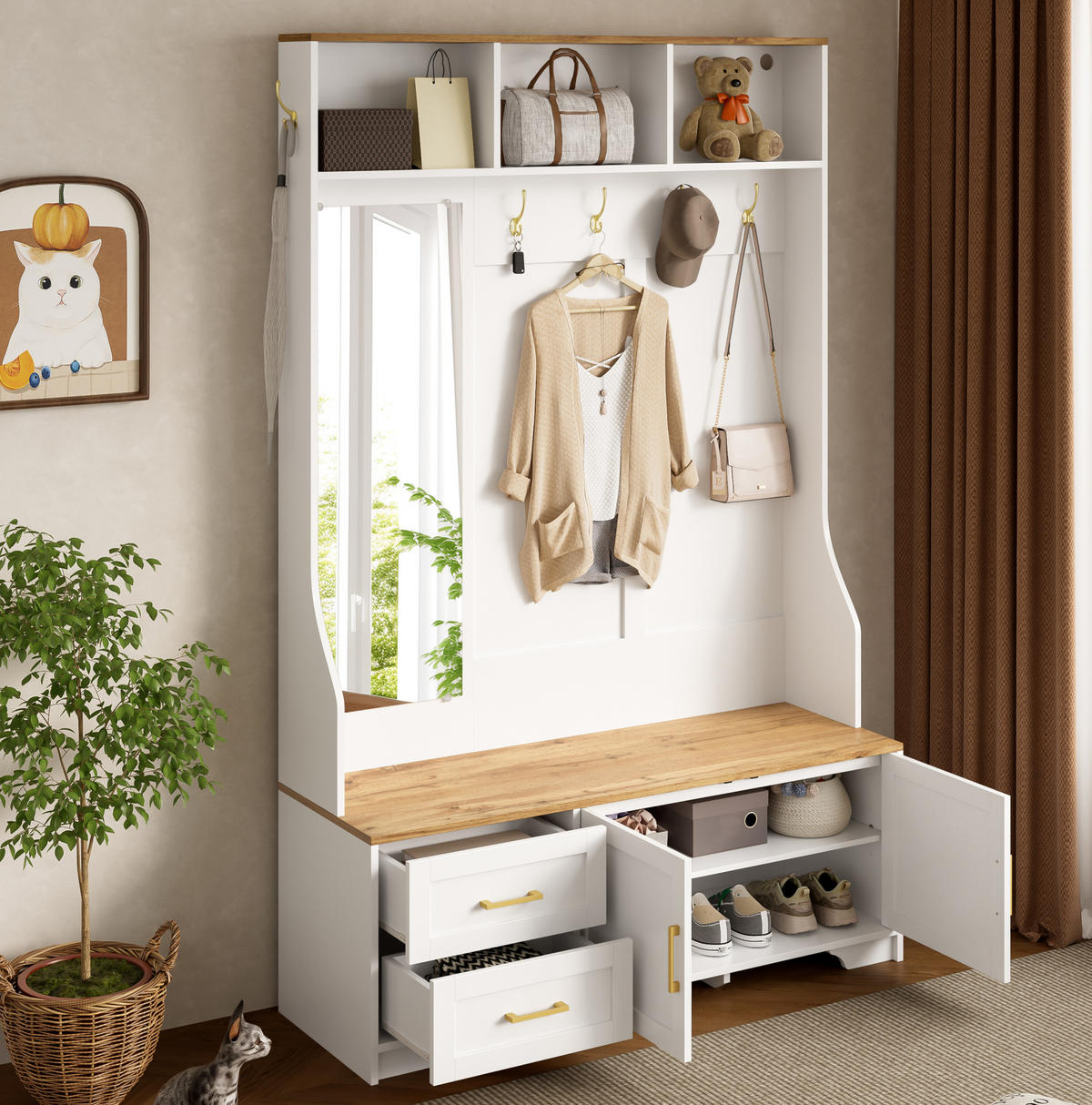 GARDEROBENSCHRANK 120/40/187 cm aus MDF mit LED-Beleuchtung und Spiegel Weiß/Holzfarben - Weiß, Holzwerkstoff (40/187/120cm) - Modenvie