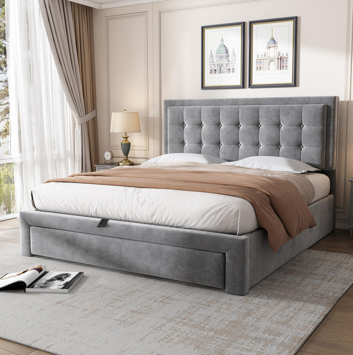POLSTERBETT 140/190 cm grau aus Samt mit Stauraum und verstellbarem Kopfteil - Grau, Textil (140/190cm) - OKWISH