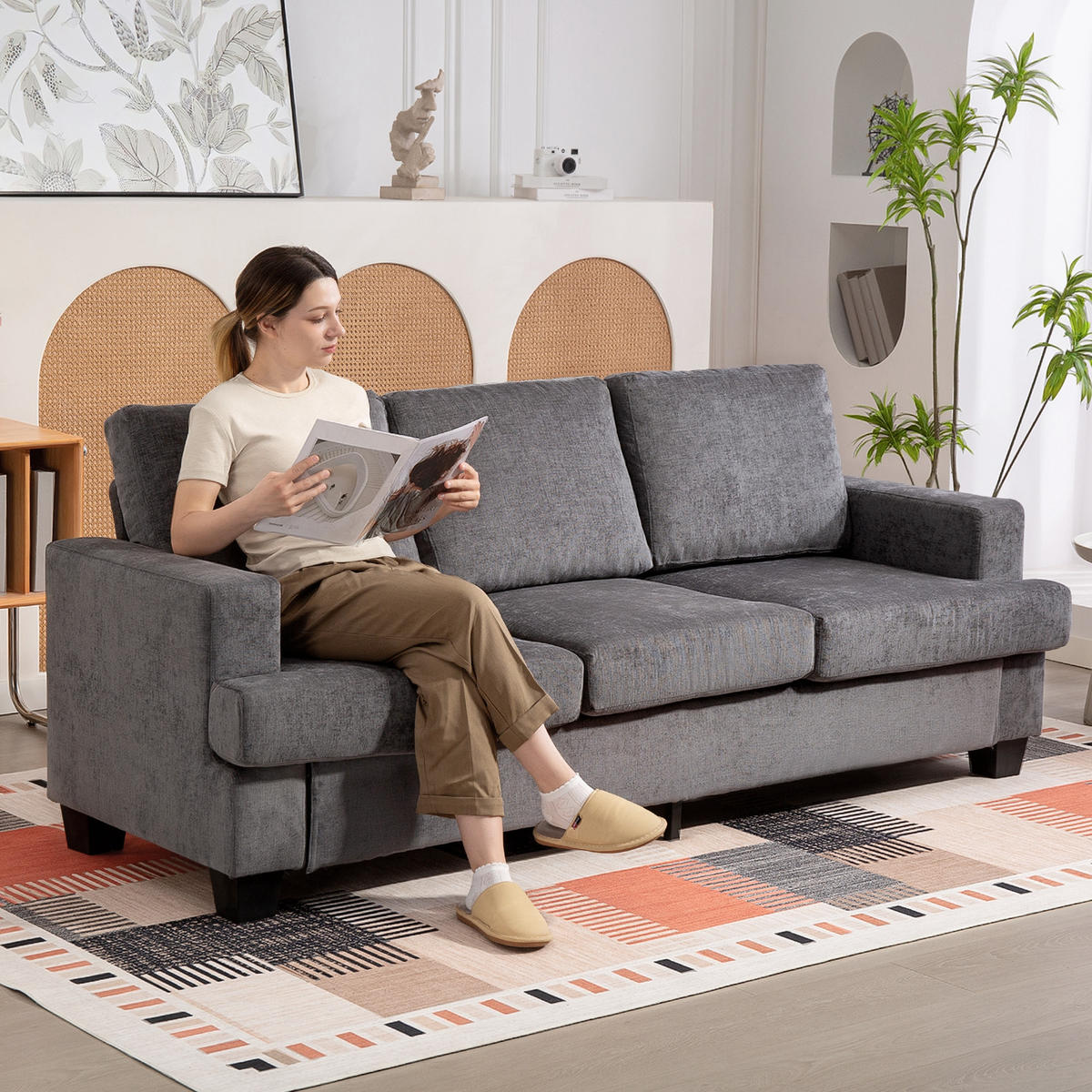 3-SITZER-SOFA DE-06547 Wohnzimmersofa für 3 Personen, Stahlrahmen Grau - Grau, Holz/Textil (82/90/213cm) - ComfortXL