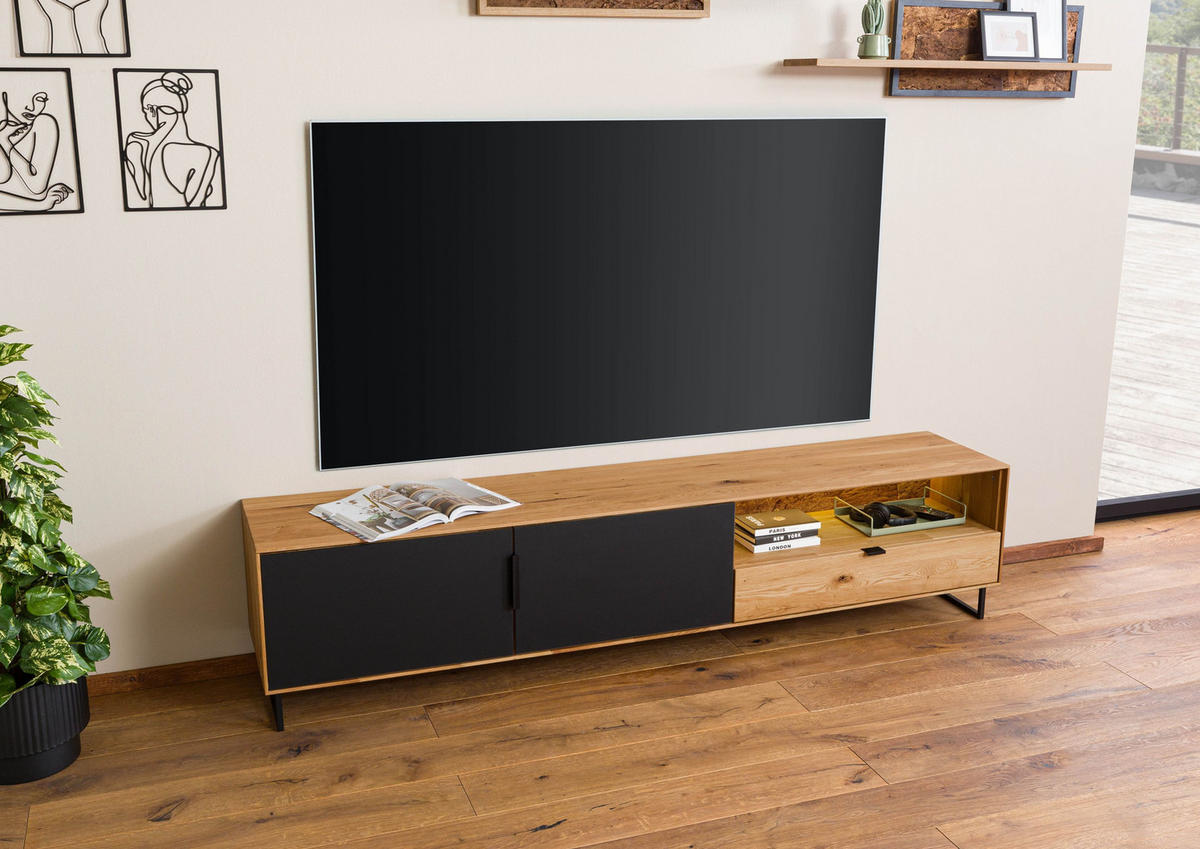 LOWBOARD Wildeiche mit Glastür 220x43x51 natur geölt LINDAU #126 - Schwarz/Naturfarben, Holz (220/51/43cm) - Massivmoebel24
