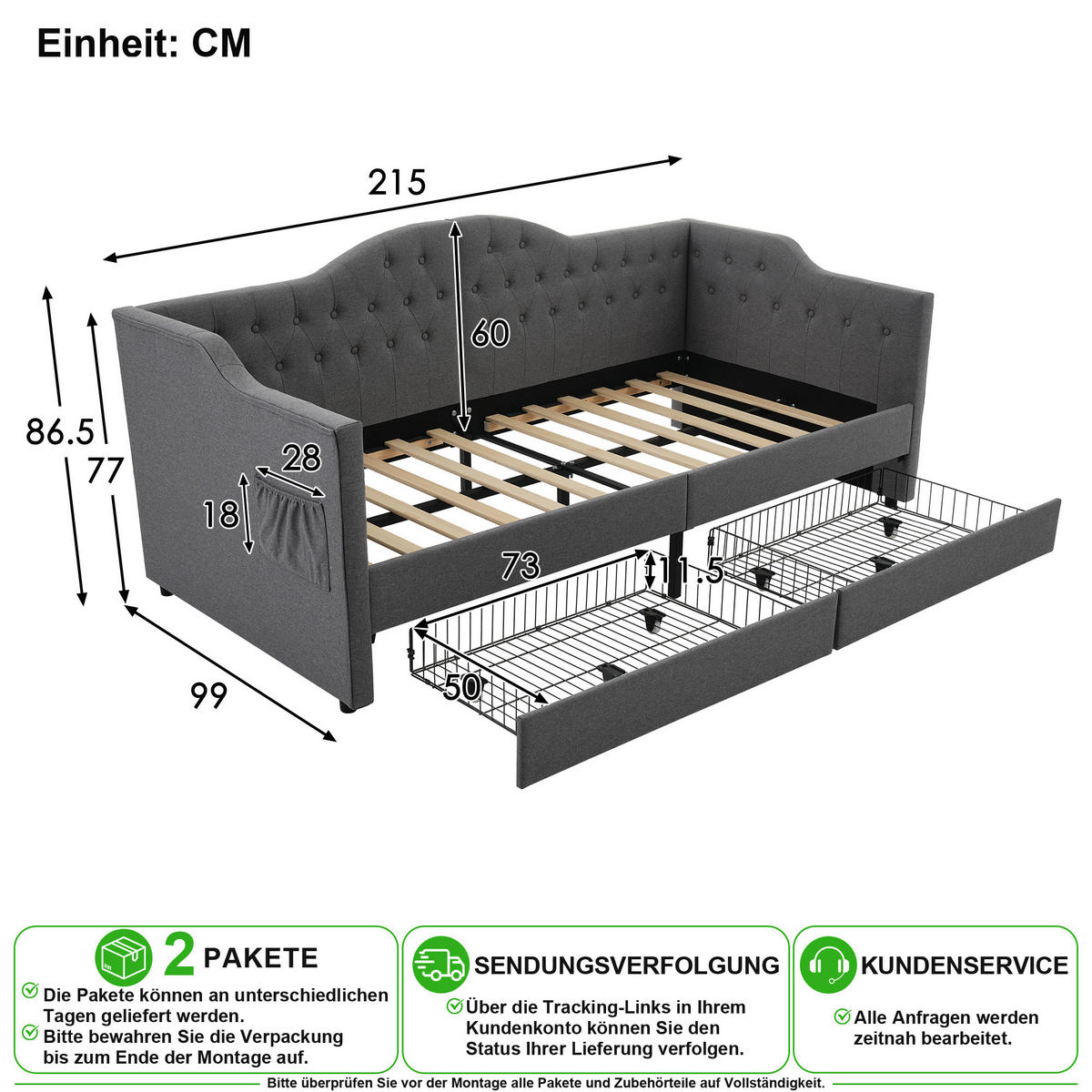 ČALOUNĚNÁ POSTEL 90/200 cm v šedé barvě se 2 zásuvkami, USB a Type-C - šedá, kov/kompozitní dřevo (90/200cm) - CHICFURN