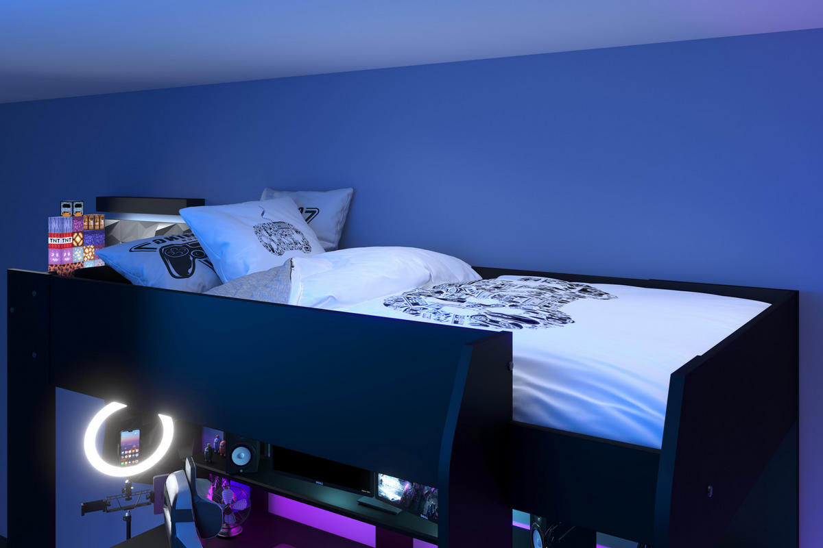 HOCHBETT Online 1 Gaming in Schwarz inklusive LED-Beleuchtung 90 x 200 cm - Schwarz, Holzwerkstoff (90/200cm) - Parisot Meuble