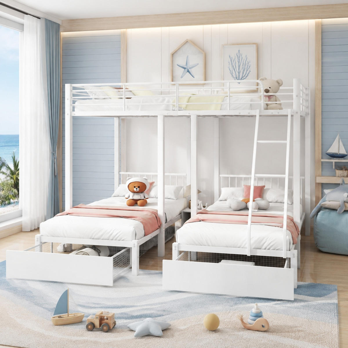 ETAGENBETT 140/200 und 2 x 90/200 cm in Weiß mit Schubladen, teilbar - Weiß, Metall (140/200cm) - OKMYHOME