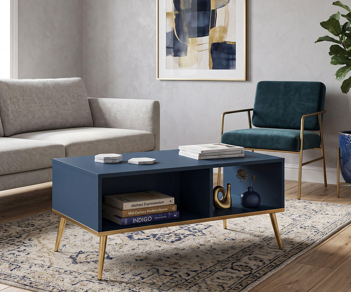 COUCHTISCH Marine dunkelblau / gold 90 / 60 / 42cm - Blau, Holz/Holzwerkstoff (42/90/60cm) - Feldmann-Wohnen
