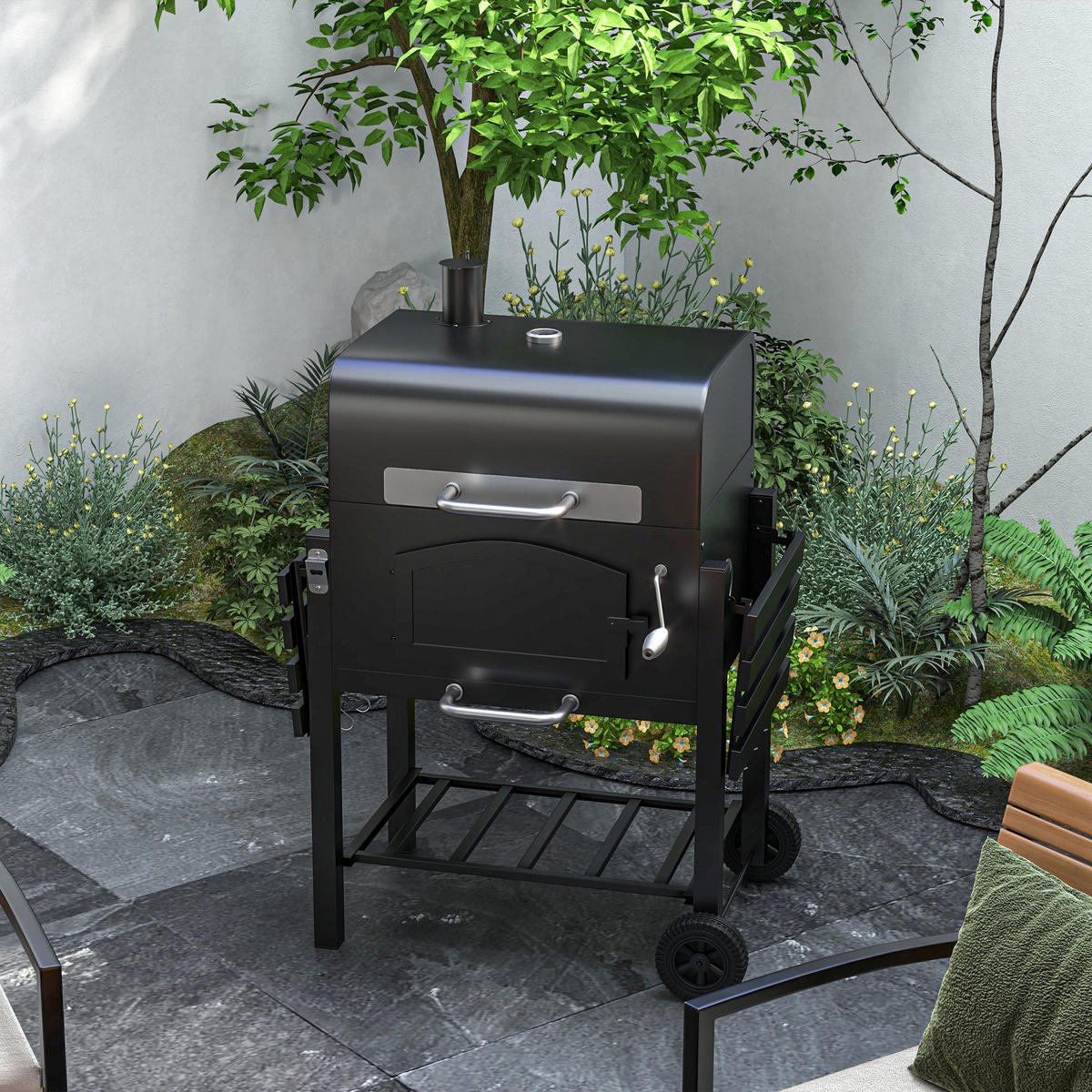 HOLZKOHLEGRILL - Schwarz, Metall (66/112/124cm) - Outsunny