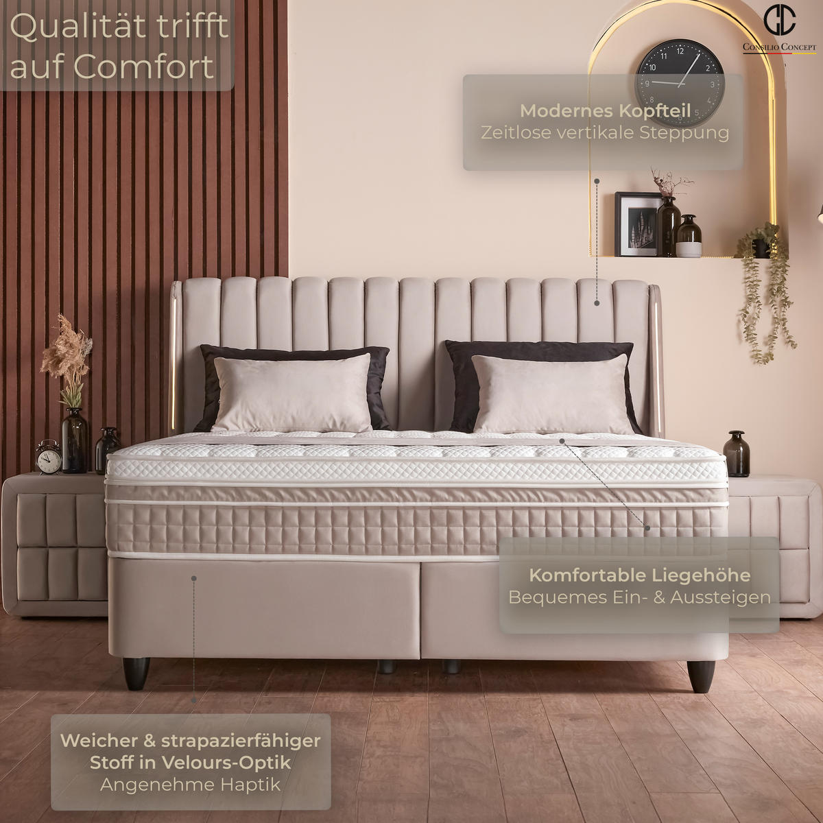 BOXSPRINGBETT MIT BETTKASTEN BRISE 180/200 cm, Greige, Bettkasten, Matratze, Topper integriert, H3 mittel 7-Zonen Matratze - Greige/Schwarz, Holz/Kunststoff (180/200cm) - Consilio Concept