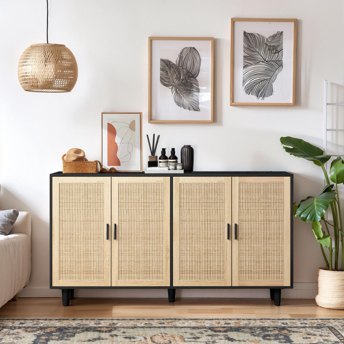 SIDEBOARD 158/40/88 cm mit 4 Rattantüren in Schwarz & viel Stauraum - Schwarz, Holzwerkstoff (158/88/40cm) - BEAOK