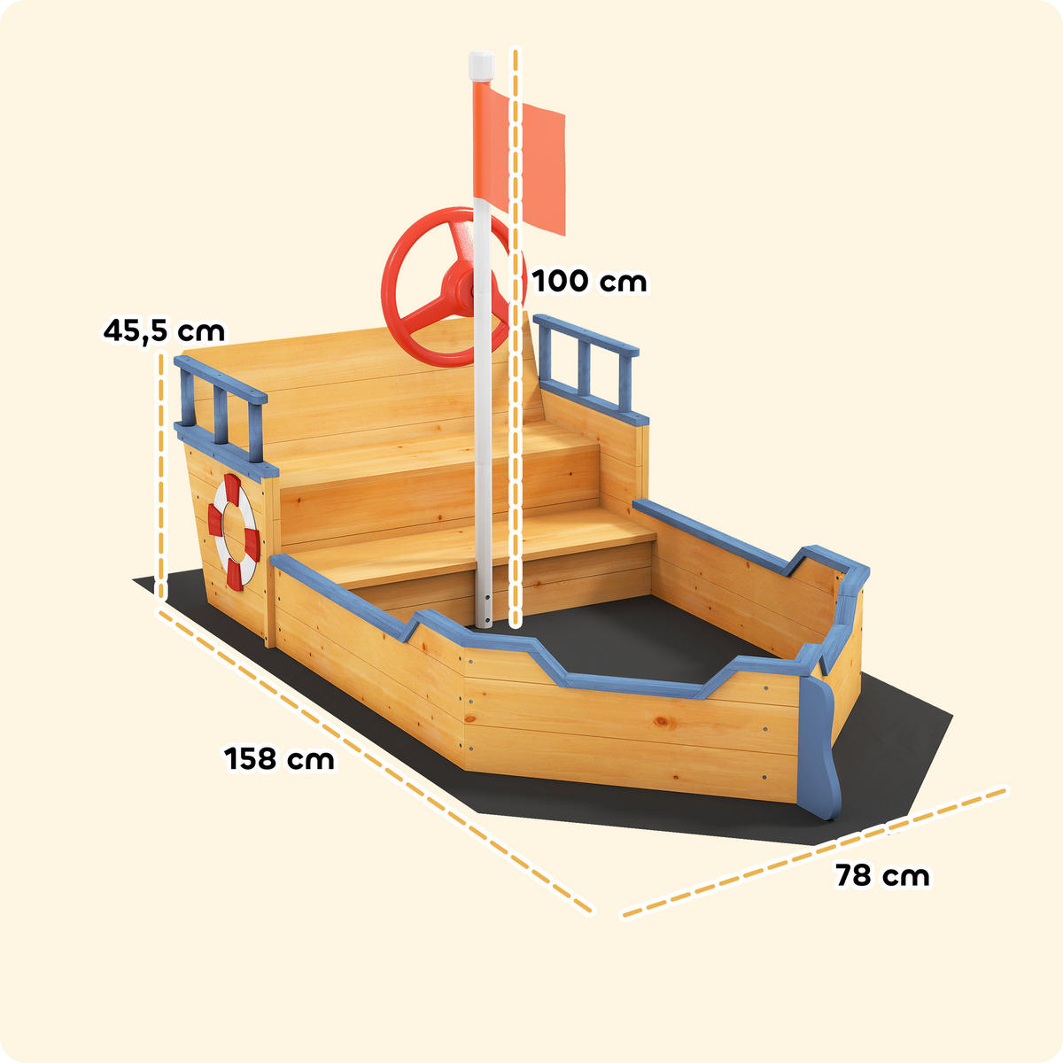 SANDKASTEN DE-18750 Piratenschiff mit Steuerruder & Stauraum - Gelb, Holzwerkstoff (158/78/45.5cm) - ComfortXL