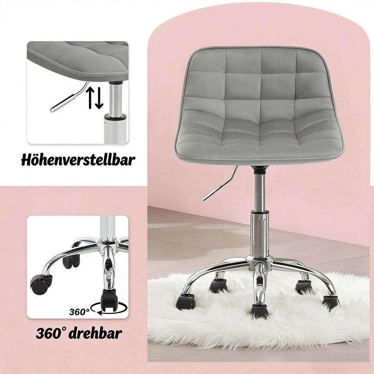 BÜROHOCKER in Lichtgrau 43x43x67,5 cm, höhenverstellbar und drehbar, mit Rollen - Hellgrau, Metall (43/67.5/43cm) - IVMEU