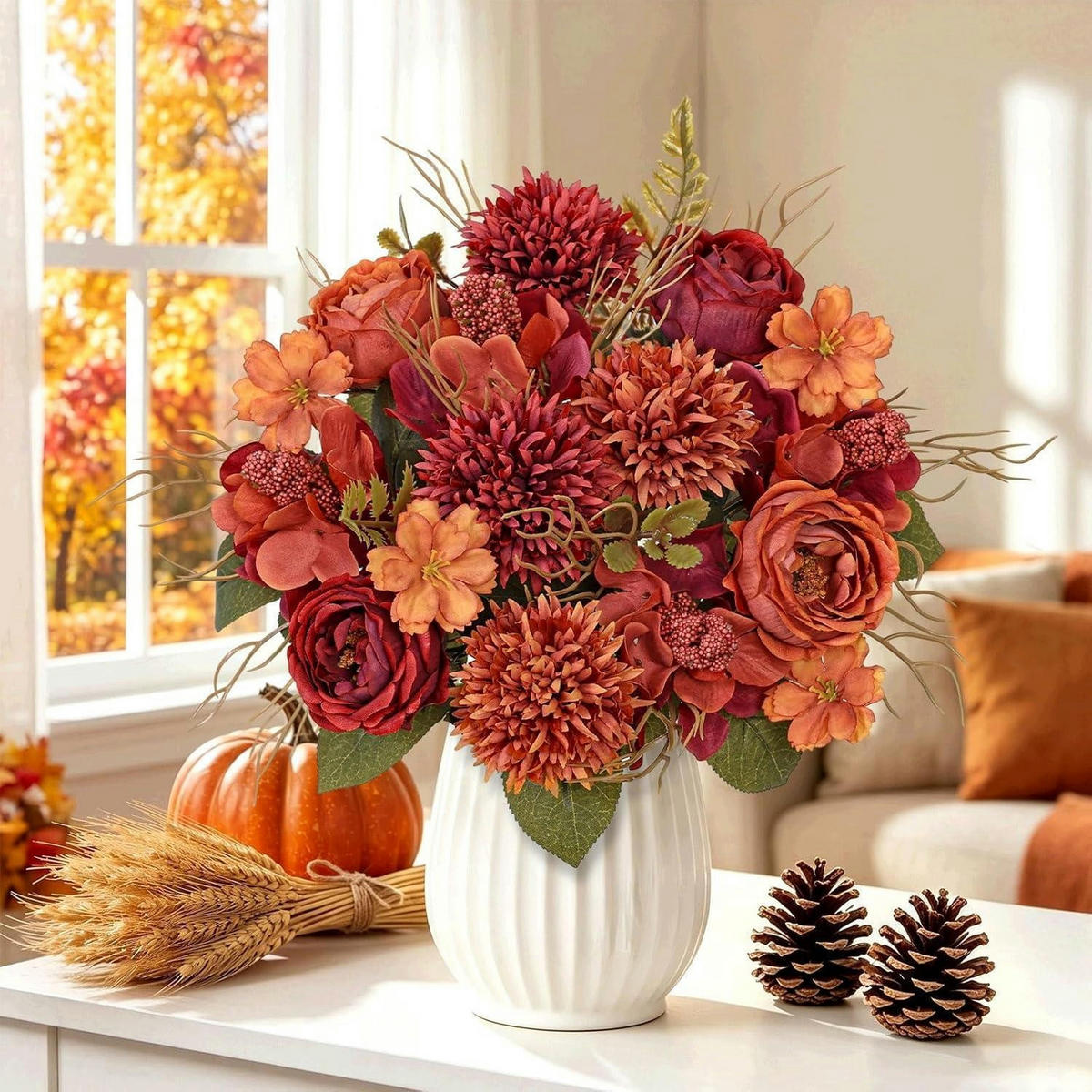 KUNSTBLUMENSTRAUSS Herbst 4er Set Burgunderrot - Bordeaux, Textil (30cm)