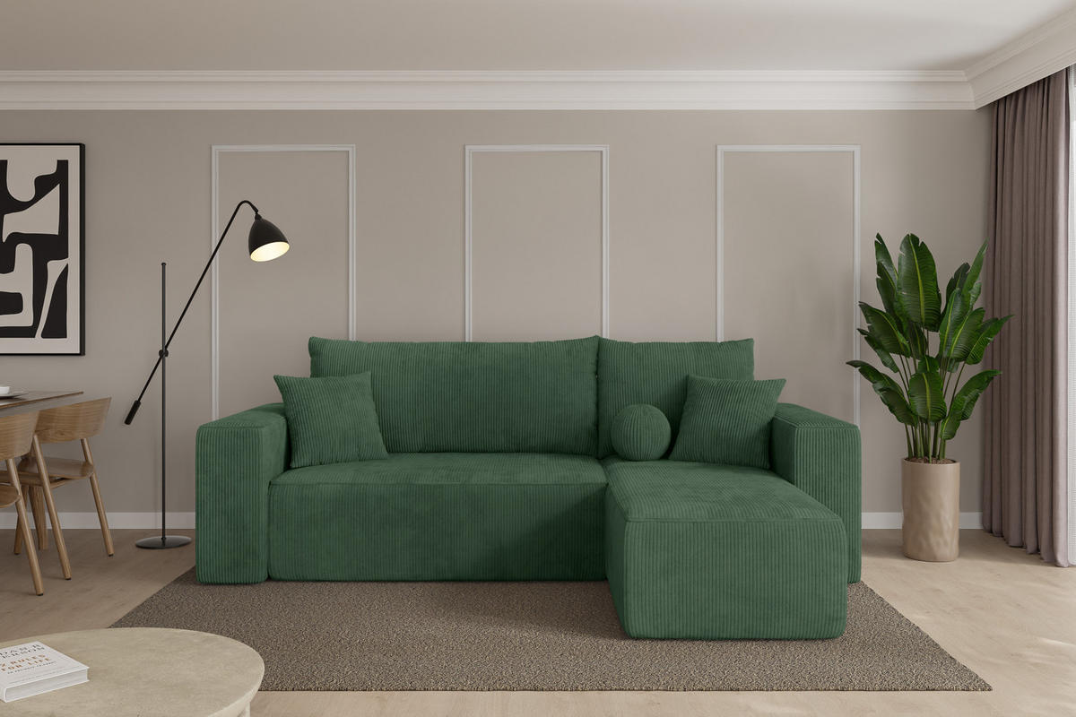 ROHOVÁ SEDAČKA s funkcí spaní, otoman vpravo SENO-L 249x139x85 zelená manšestr - černá/tmavě zelená, kompozitní dřevo/textil (249/139cm) - ALTDECOR