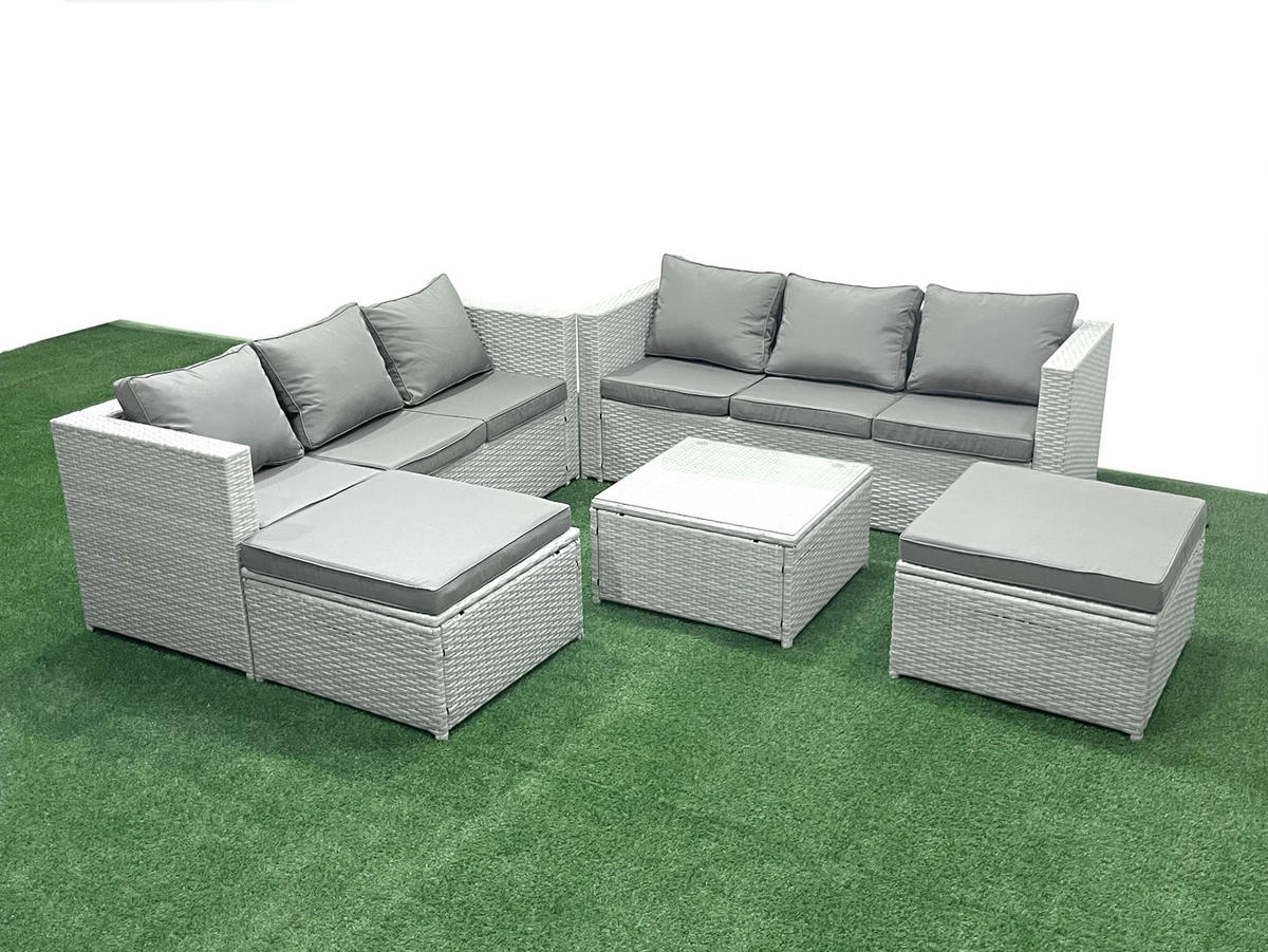 GARTENMÖBEL-SET mit Kissen Polyrattan Hellgrau-Mix 8-Sitzer - Hellgrau/Grau, Glas/Kunststoff - Fimous