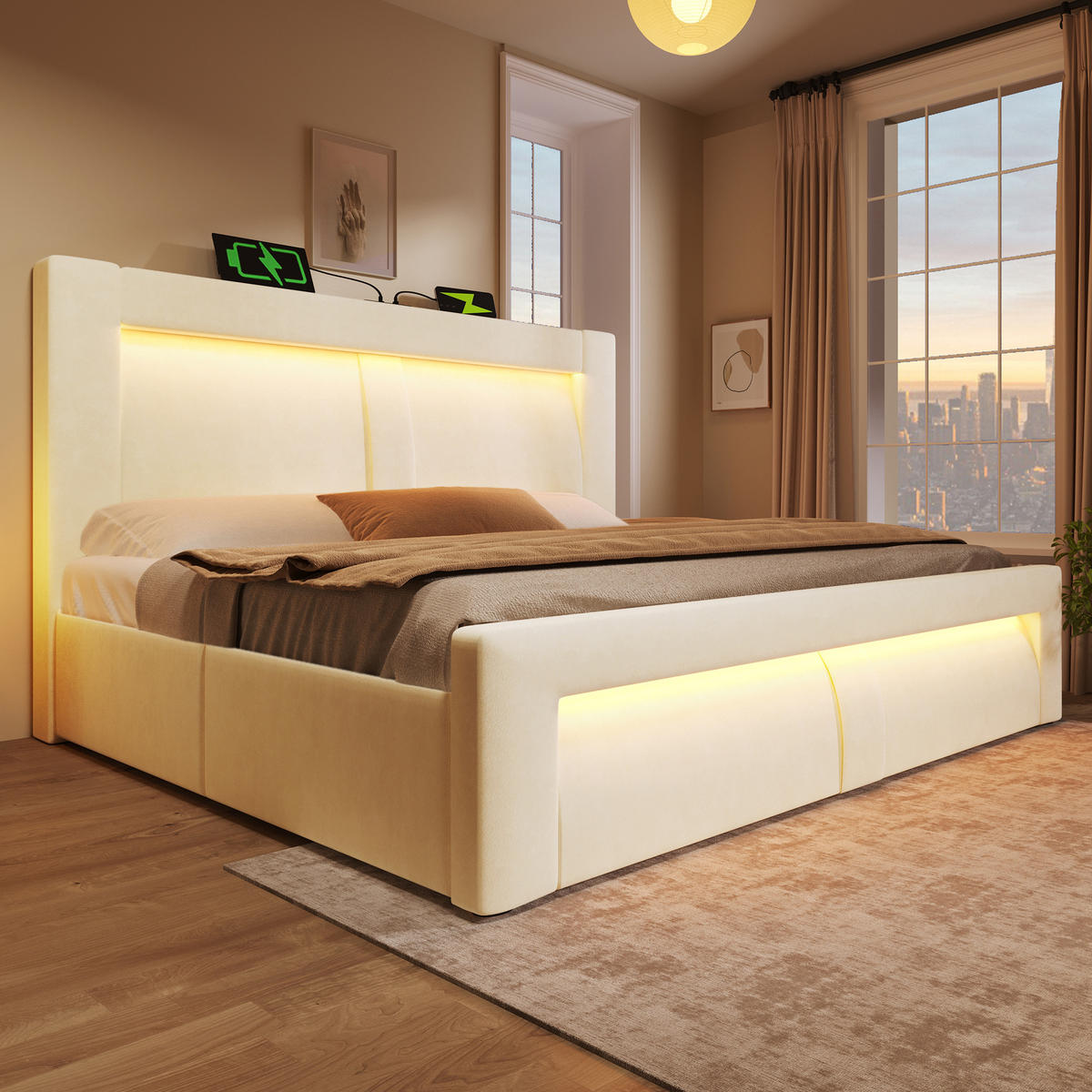 POLSTERBETT 160/200 cm Beige aus Samt mit Stauraum und LED - Beige, Textil (160/200cm) - OKWISH