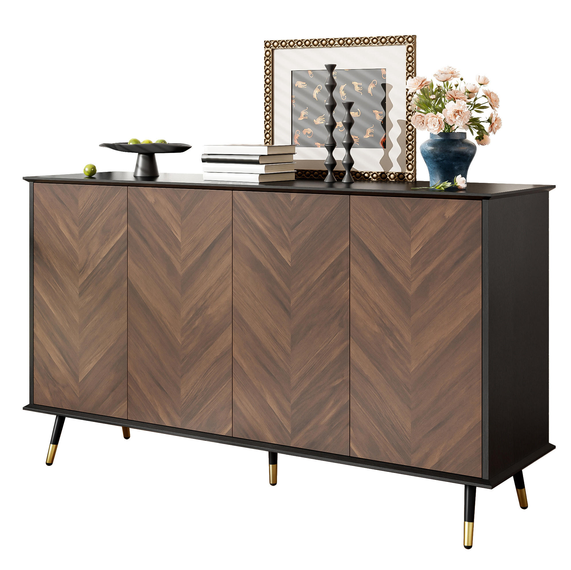 SIDEBOARD 140/40/80 cm Schwarz/Braun aus MDF mit Fischgrätmuster - Schwarz, Holzwerkstoff (40/80/140cm) - OKMYHOME