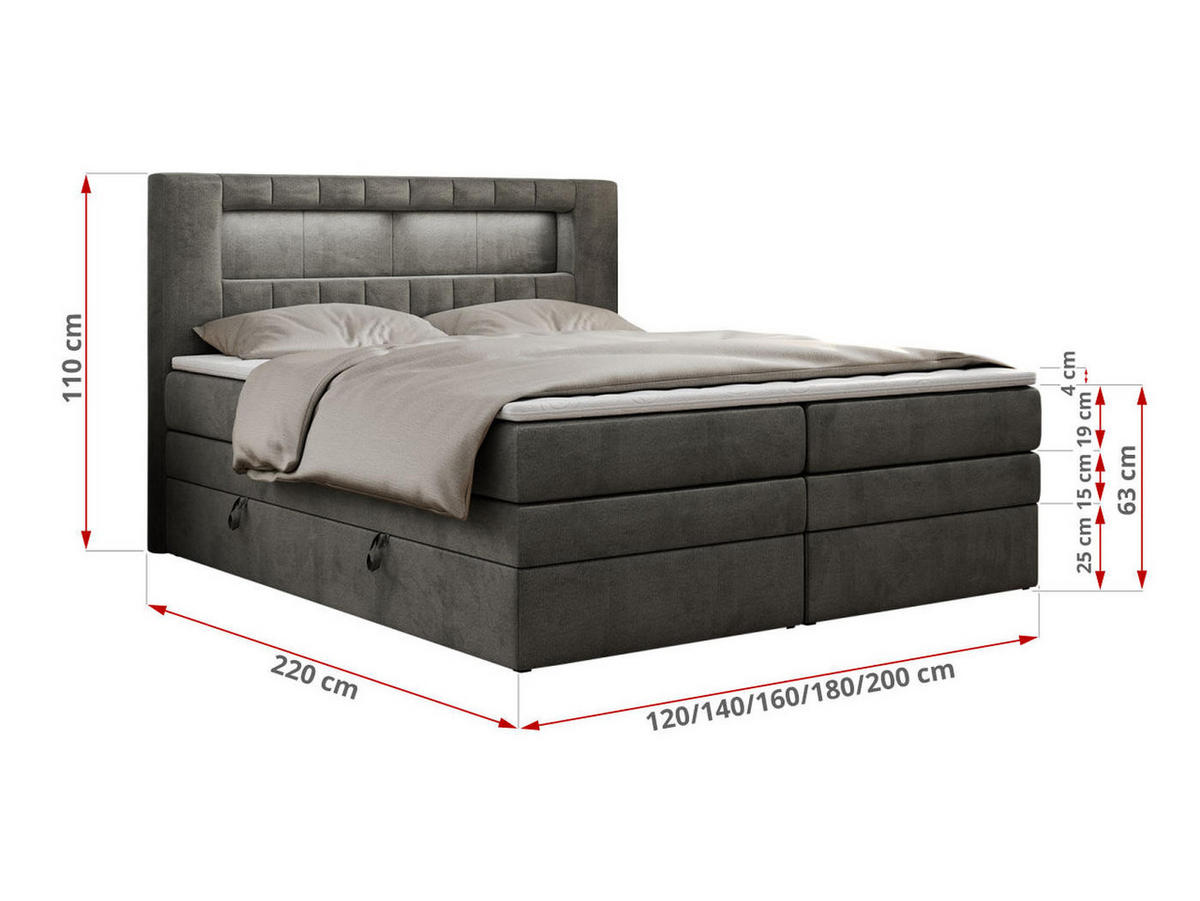 BOXSPRINGBETT GOLD-5 KING LED 200/200 Dunkelgrau Velvet - H3 - Dunkelgrau, Holz/Textil (200/200cm) - MKS