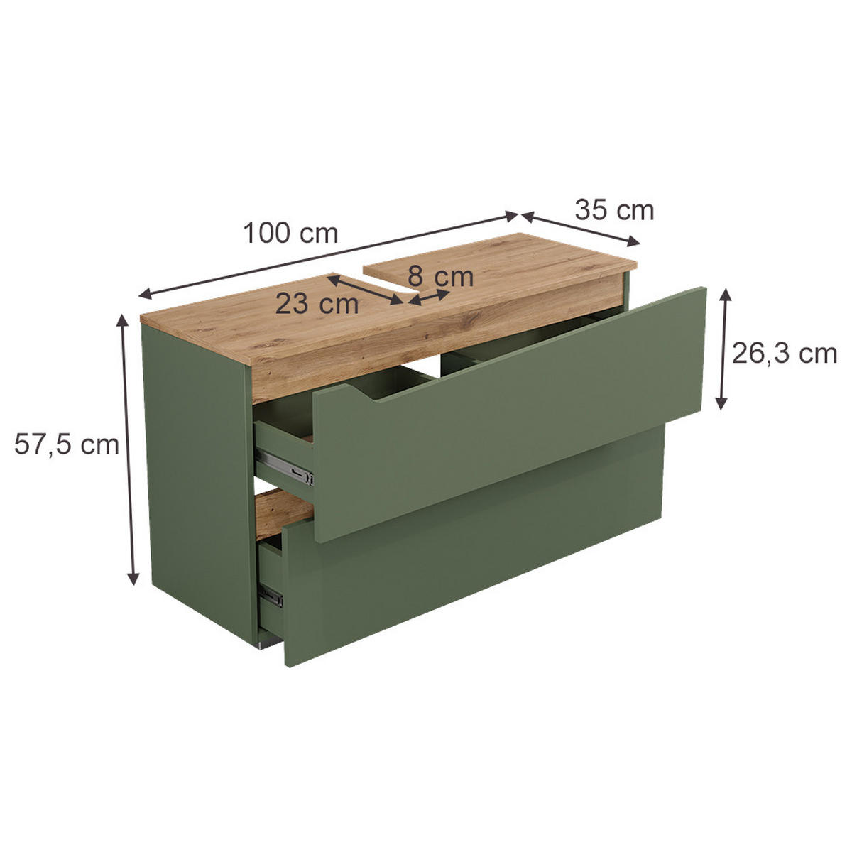 WASCHBECKENUNTERSCHRANK Marelle, Grün/Artisan-Eiche, 100 x 57.5 cm mit 2 Schubladen - Eiche Artisan/Grün, Holzwerkstoff (100/57.5/35cm) - Vicco