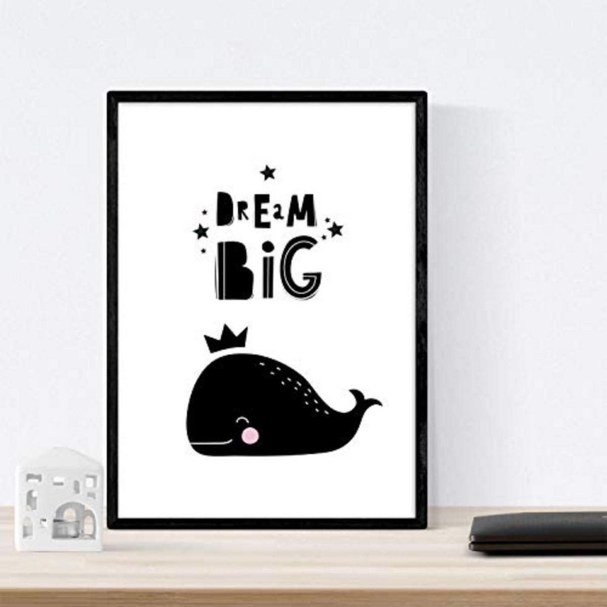 POSTER Set mit 4 Fuchs, Leon, Wal und Pinguin Tieren A4 Schwarzer Rahmen - Schwarz, Papier (29.7/3cm) - Nacnic