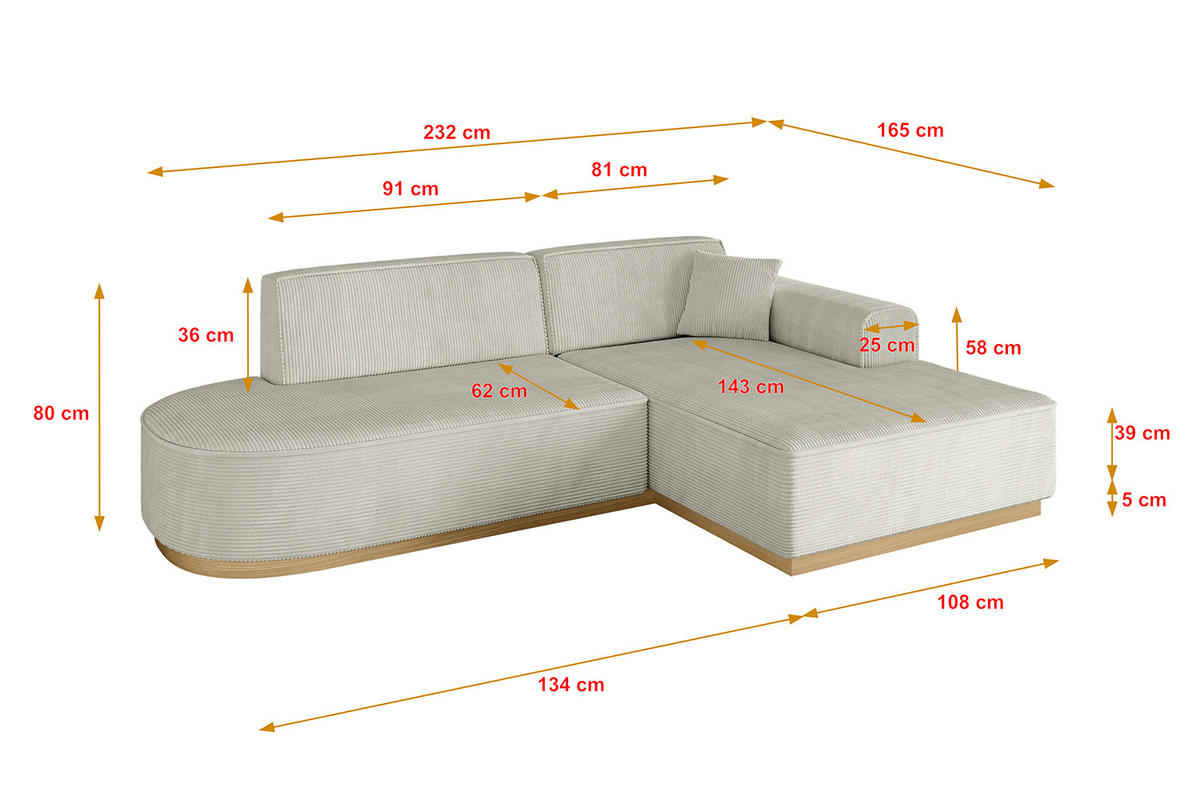 ECKSOFA Ottomane Rechts IREA-L1-v2 - 232x165x80 cm Creme - Ecru/Creme, Holzwerkstoff/Textil (232/165cm) - ALTDECOR