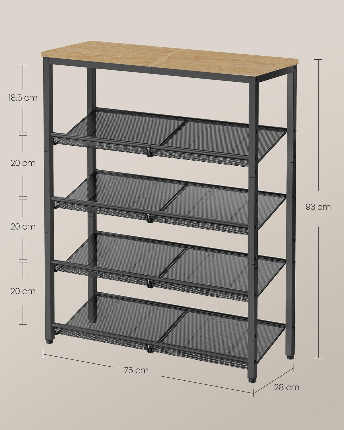 SCHUHSCHRANK Sonoma Schwarz 75x28 cm LBS038B11 Verstellbare Regalböden - Schwarz, Metall (75/93/28cm)