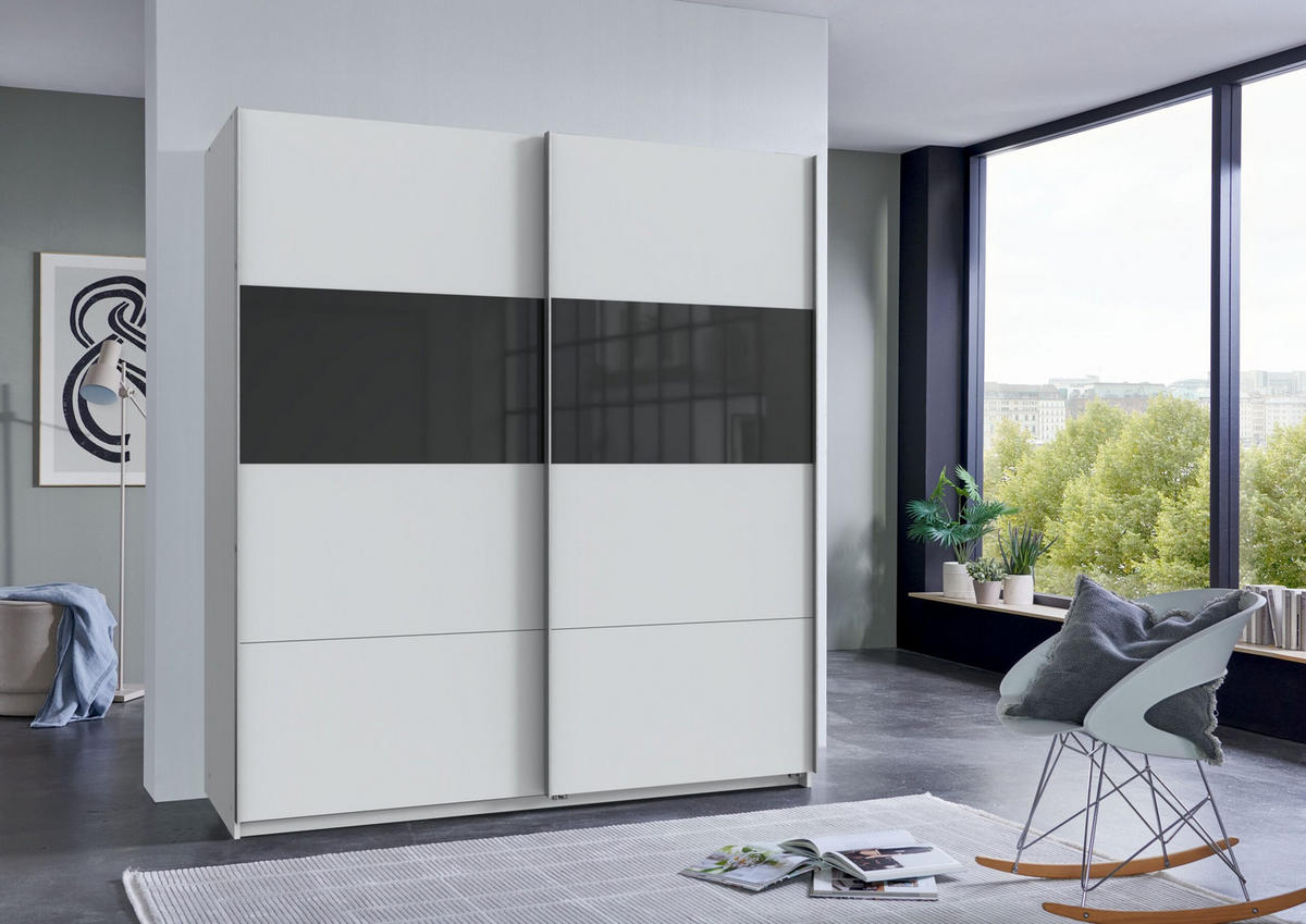 SCHWEBETÜRENSCHRANK Bramfeld in Weiß mit Schwarz Glas 180 x 198 x 65 cm (B x H x T) – Kleiderschrank - Weiß, Holzwerkstoff (80/200/120cm)