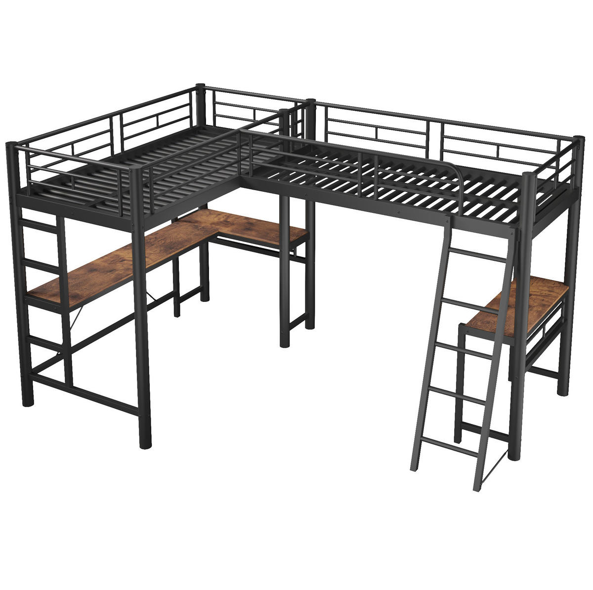 HOCHBETT aus Metall und MDF 90x200 cm Schwarz mit Schreibtisch und hoher Absturzsicherung - Schwarz, Holzwerkstoff (90/200cm) - Modfu