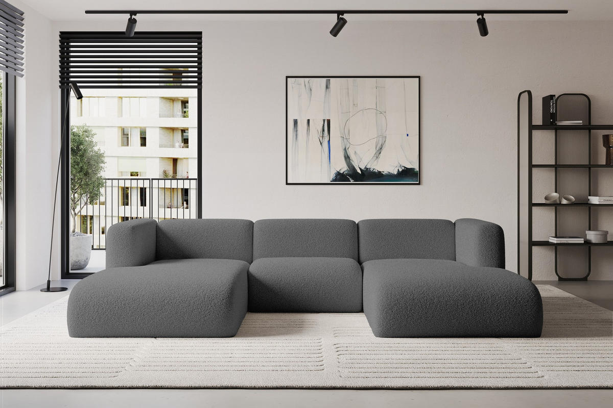 WOHNLANDSCHAFT MIRA-U1 317x179x70 Grau Bouclé - Platinfarben/Schwarz, Holzwerkstoff/Kunststoff (317/70/179cm) - ALTDECOR