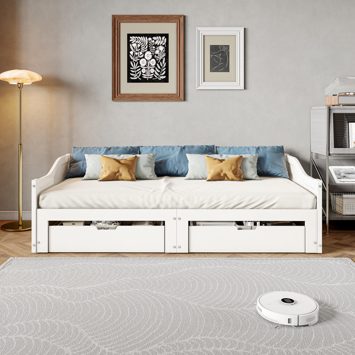 AUSZIEHBETT 90/180/200 cm aus Massivholz mit 2 Schubladen - Weiß, Holz/Metall (180/200cm) - PARAFTA HOME
