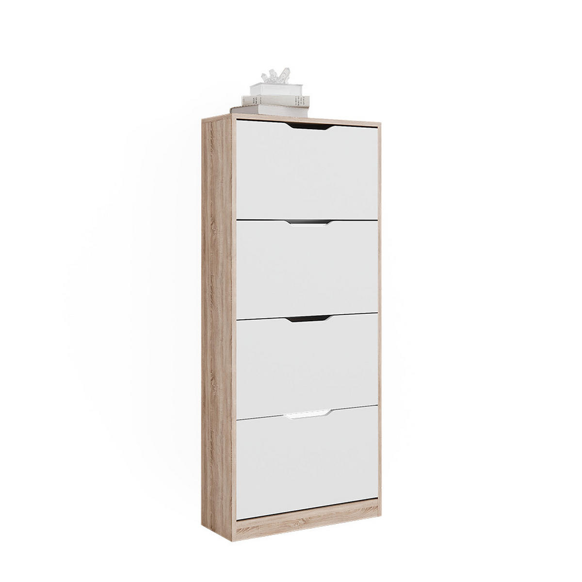 SCHUHKIPPER Luca Sonoma/Weiß 59 x 137 cm mit 4 Klappschubladen - Weiß/Sonoma Eiche, Holzwerkstoff (59/137/22cm) - Vicco