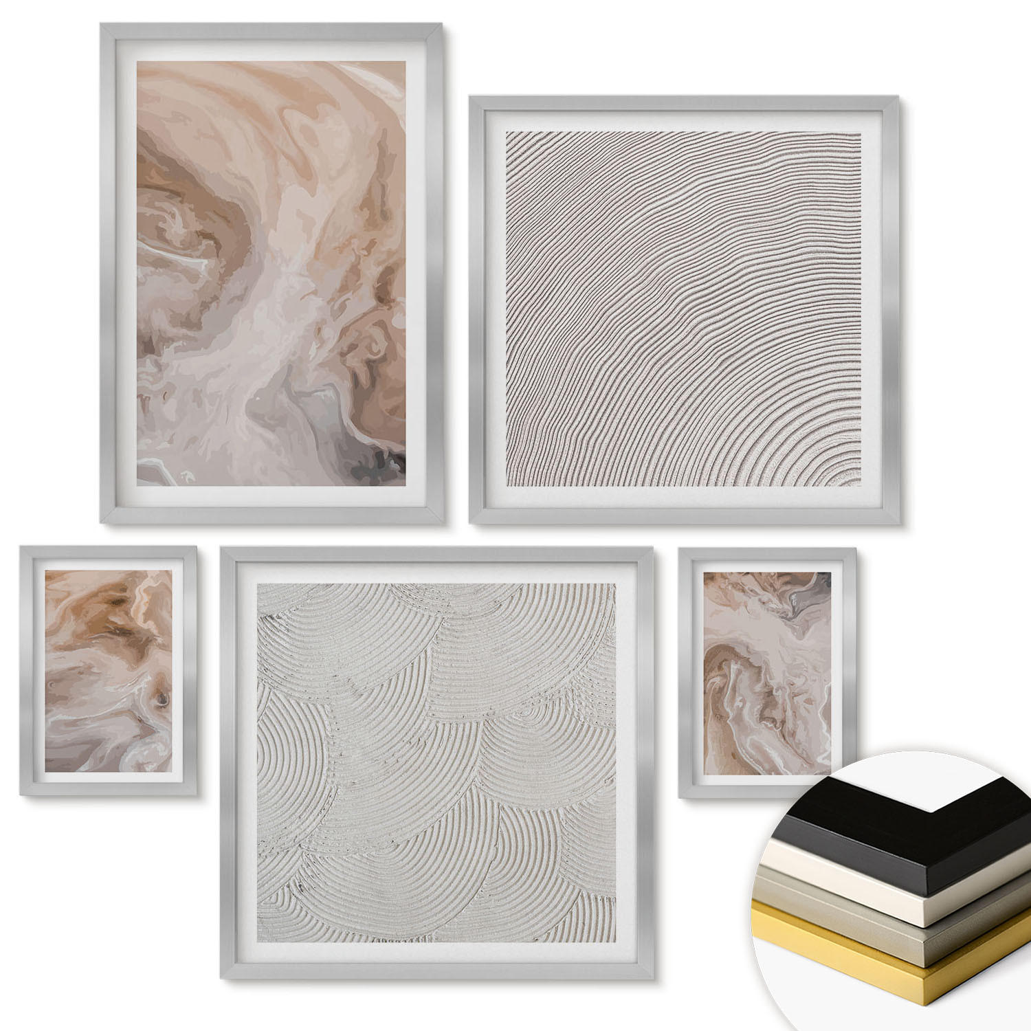WANDBILDER 5er Set - 50x50 cm & 20x30 cm & 40x60 cm Silberner Rahmen - Marmorstein-Texturmuster - Silberfarben, Kunststoff (40/60cm) - ArtPrintCave