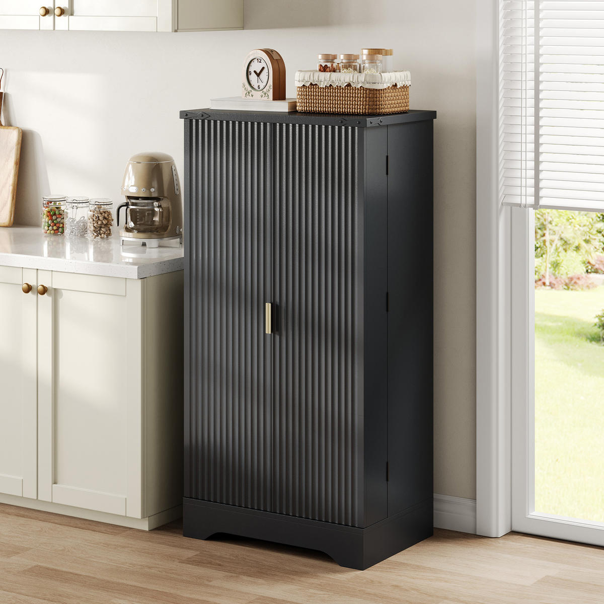 KÜCHENSCHRANK Schwarz aus MDF mit Rillentüren und Sensor-LED 60,5 × 40 × 120 cm - Schwarz, Holzwerkstoff (60.5/120/40cm) - Luhomfu