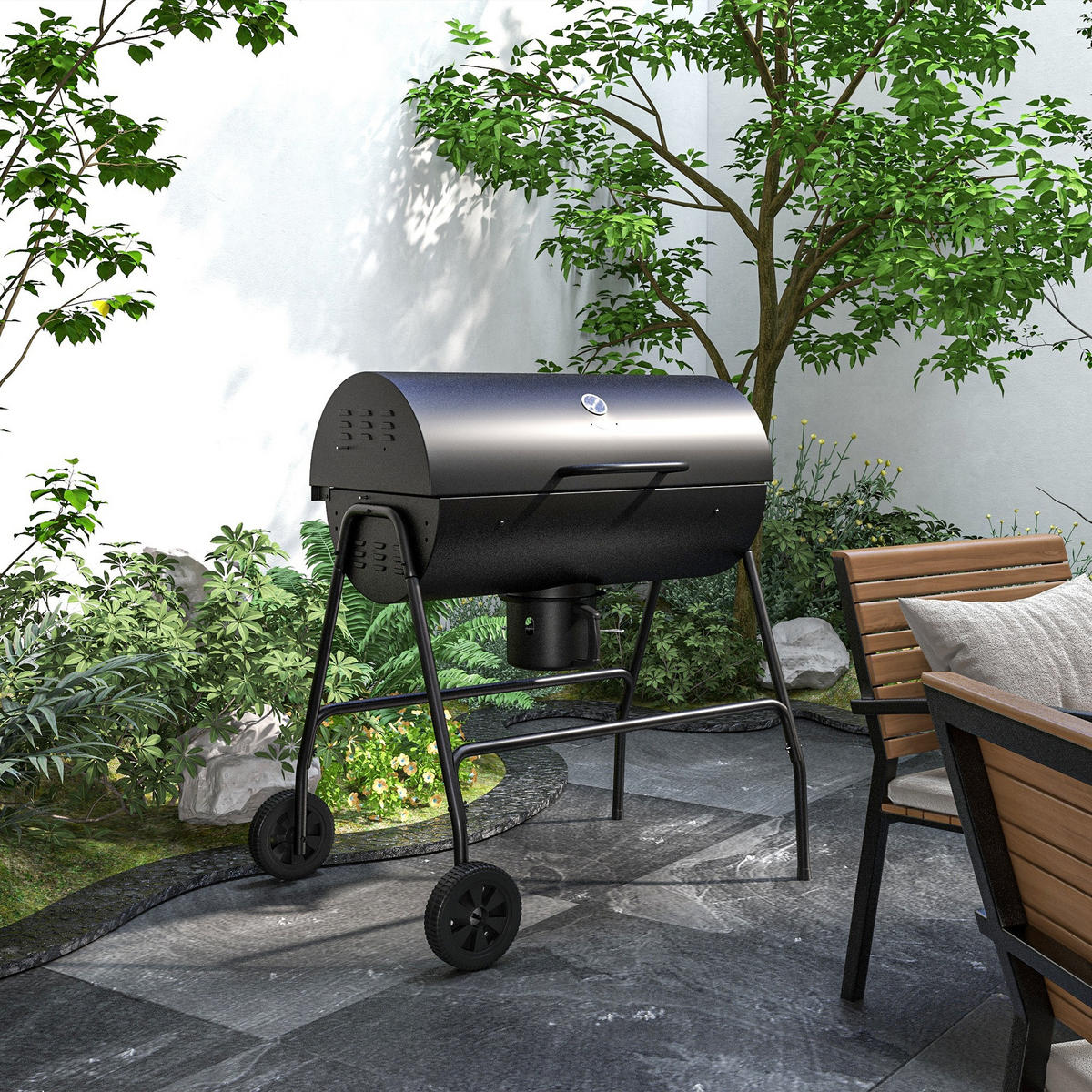 HOLZKOHLEGRILL DE-10316 Smoker mit Deckel & Thermometer Schwarz - Schwarz, Metall (71.5/102/95cm) - ComfortXL