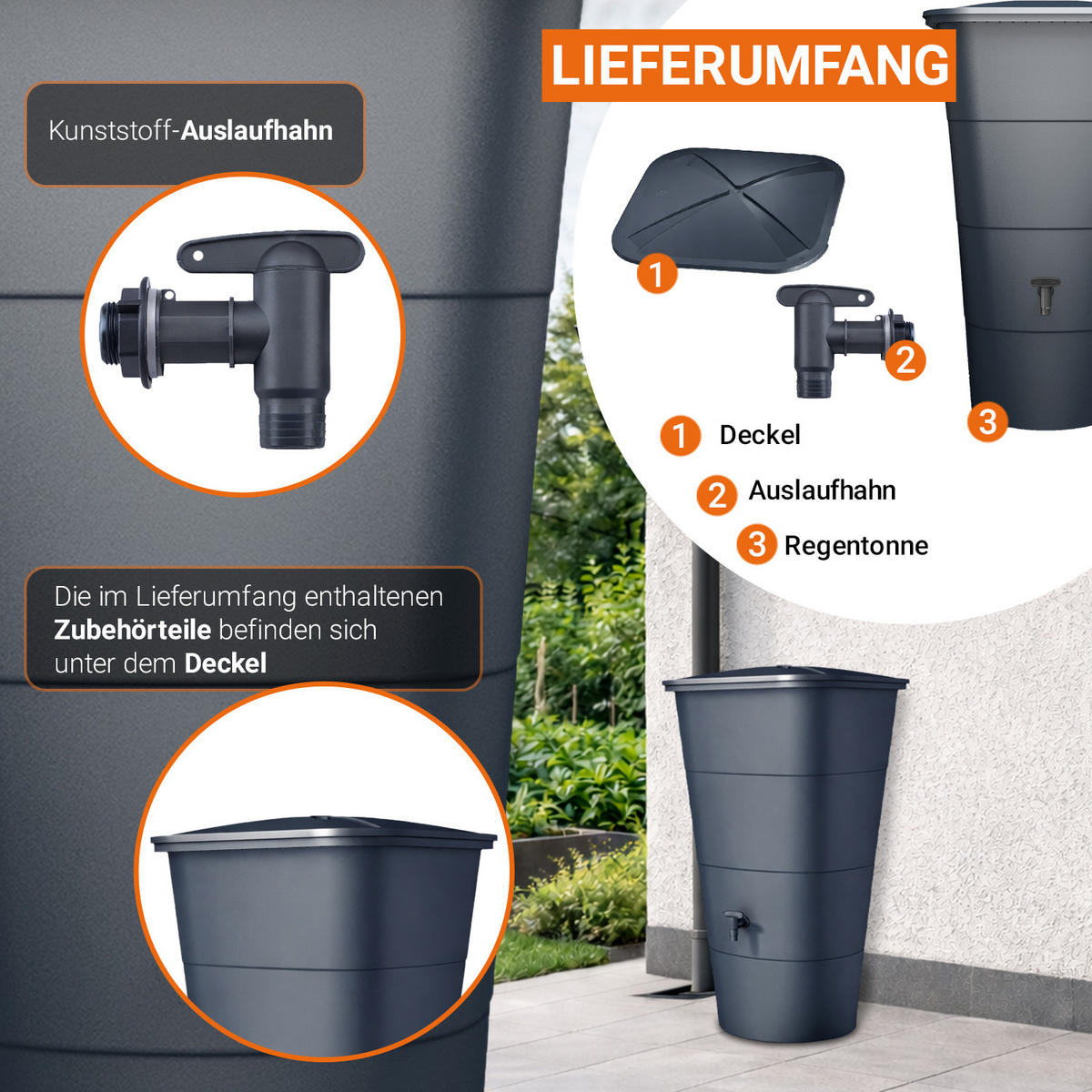 REGENTONNE eckig 200 L graphite grey inkl. Deckel und Hahn - Grau, Kunststoff (59.8/107/59.8cm) - GARANTIA