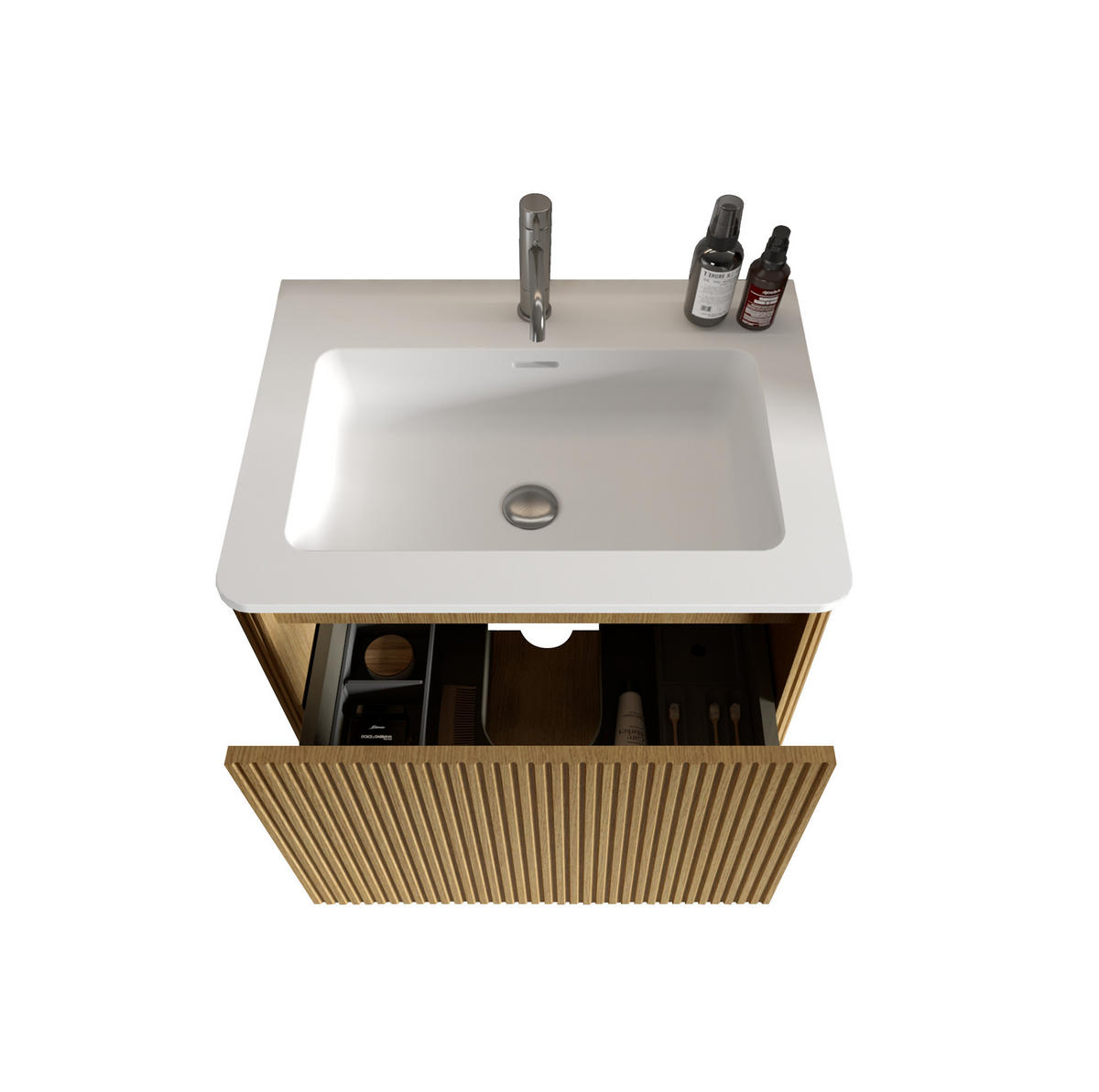 WASCHBECKEN mit Unterschrank aus MDF/Sperrholz 61x46x37 cm mit Solid Surface 60 cm Eiche, wandhängend, mit Push-to-Open-Schubladen - Eichefarben, Holzwerkstoff (61/37/46.5cm) - Modfu