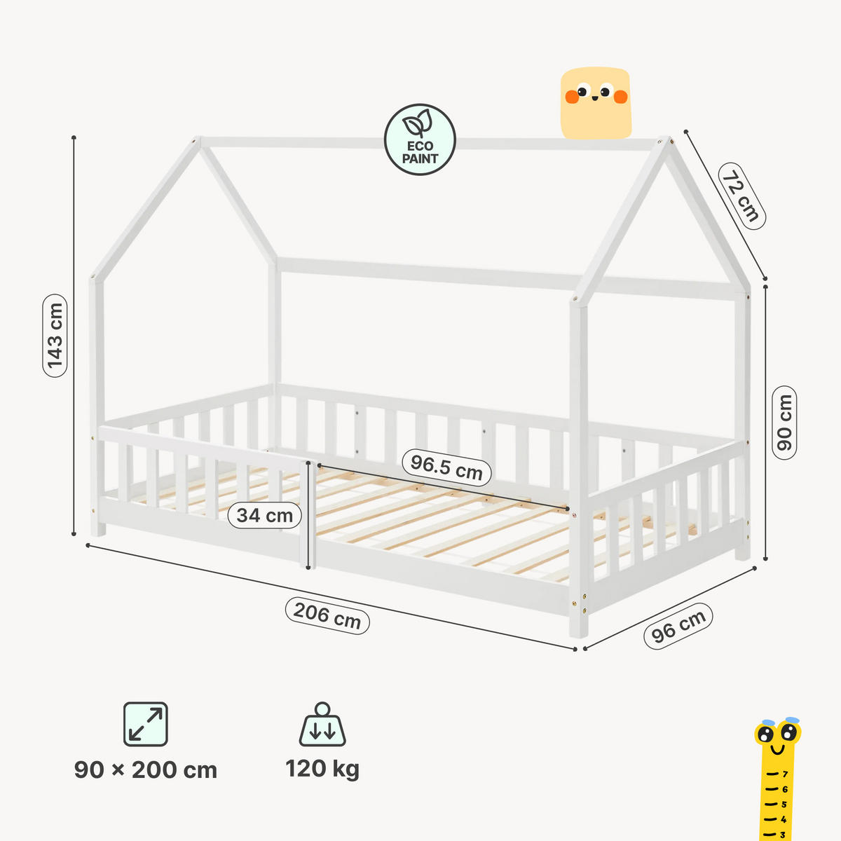 HAUSBETT Hesel mit Matratze - Weiß, Holz/Textil (90/200cm) - [en.casa]
