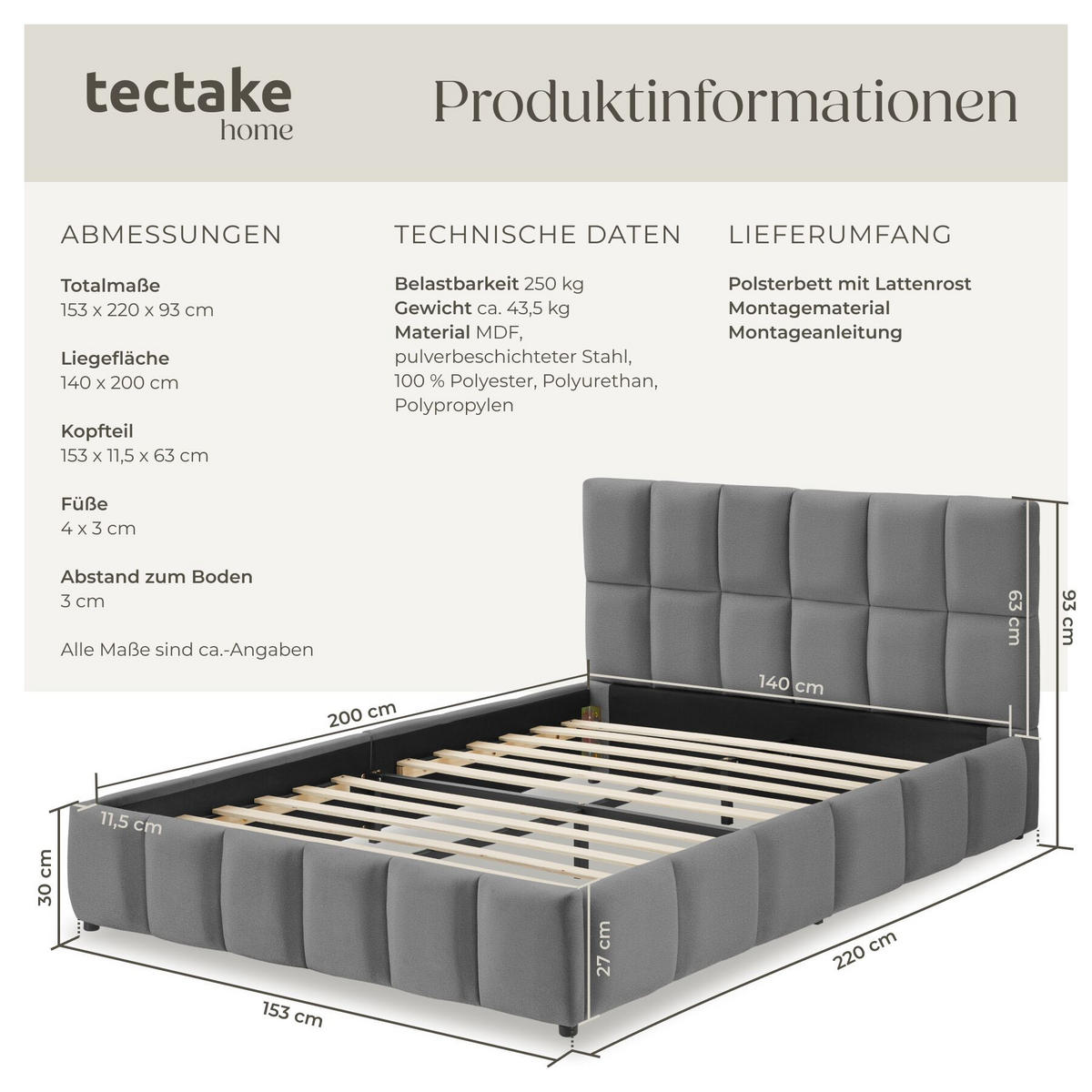 POLSTERBETT Shirley, Belastbarkeit 250 kg, Samtoptik dunkelgrau - Dunkelgrau, Holz (140/200cm) - tectake