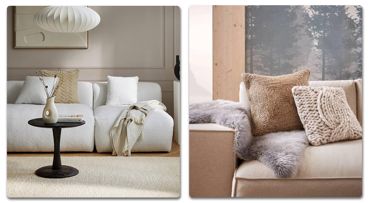 couch mit flauschigen Kissen zweigeteilt