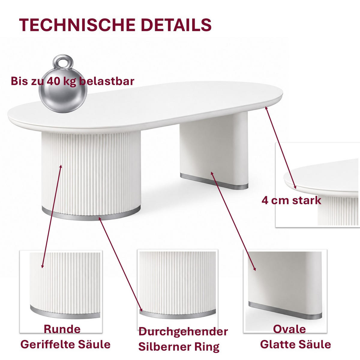 COUCHTISCH Oval Weiß 130 × 70 cm mit geriffeltem Säulengestell und Silberakzenten - Weiß, Holzwerkstoff (70/130/45cm) - HOOZ