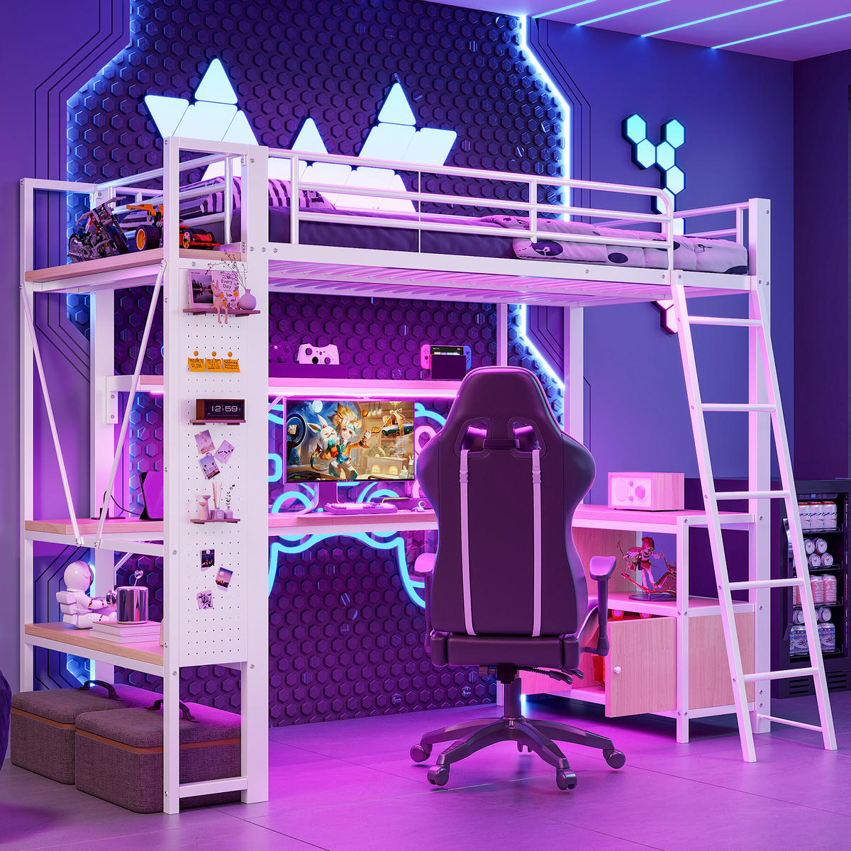 HOCHBETT 90/200 mit LED, Schreibtisch, USB und Regalen in Weiß - Weiß, Holzwerkstoff/Metall (90/200cm) - EVRYAE