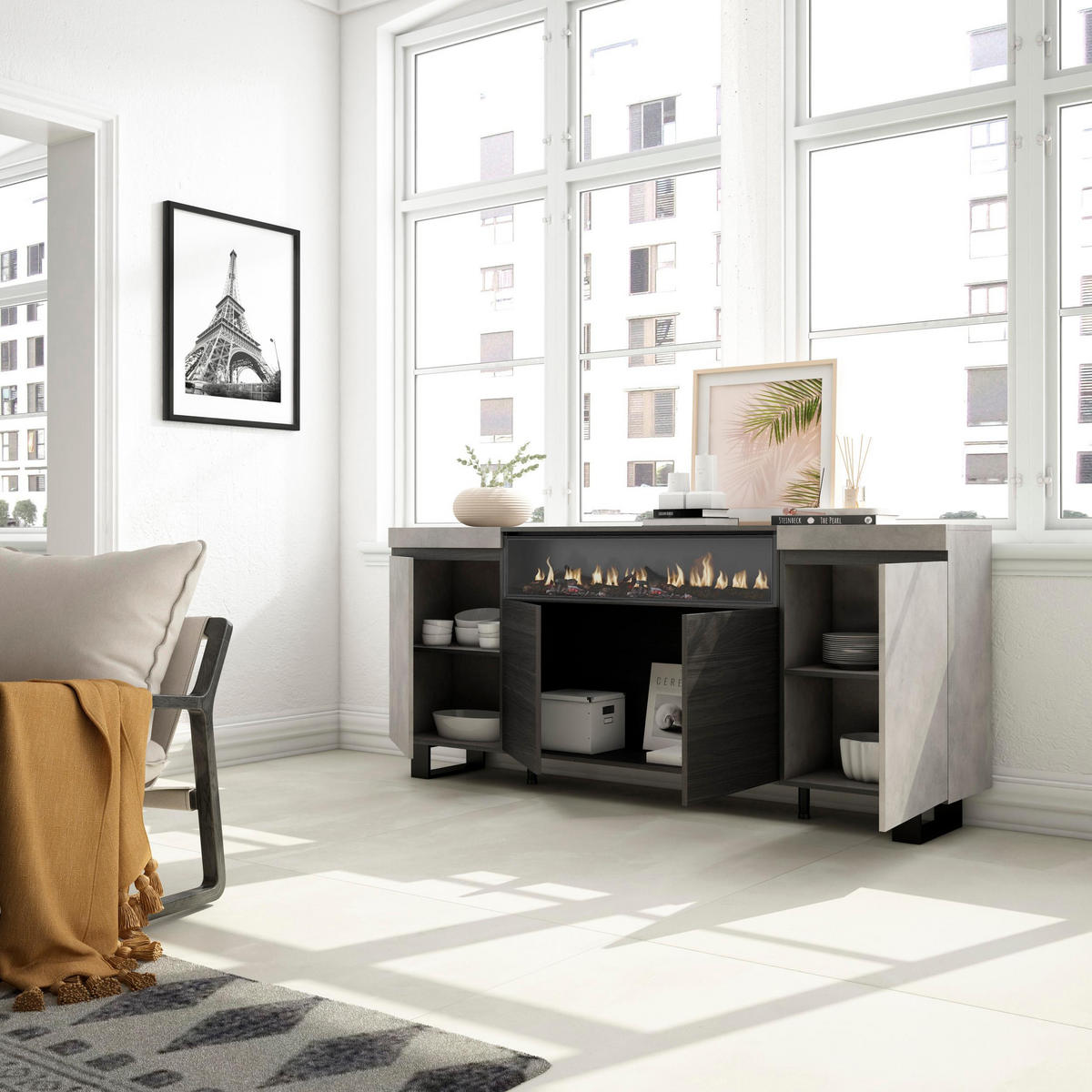 SIDEBOARD Elektrokamin, zementgrau, 200/35/87cm - Schwarz/Grau, Holzwerkstoff (200/87/35cm) - Skraut Home
